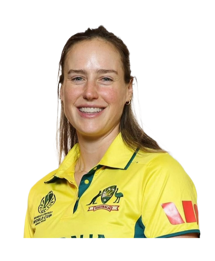 Smiling woman wearing yellow Australia cricket jersey with ICC Women's World Cup logos.