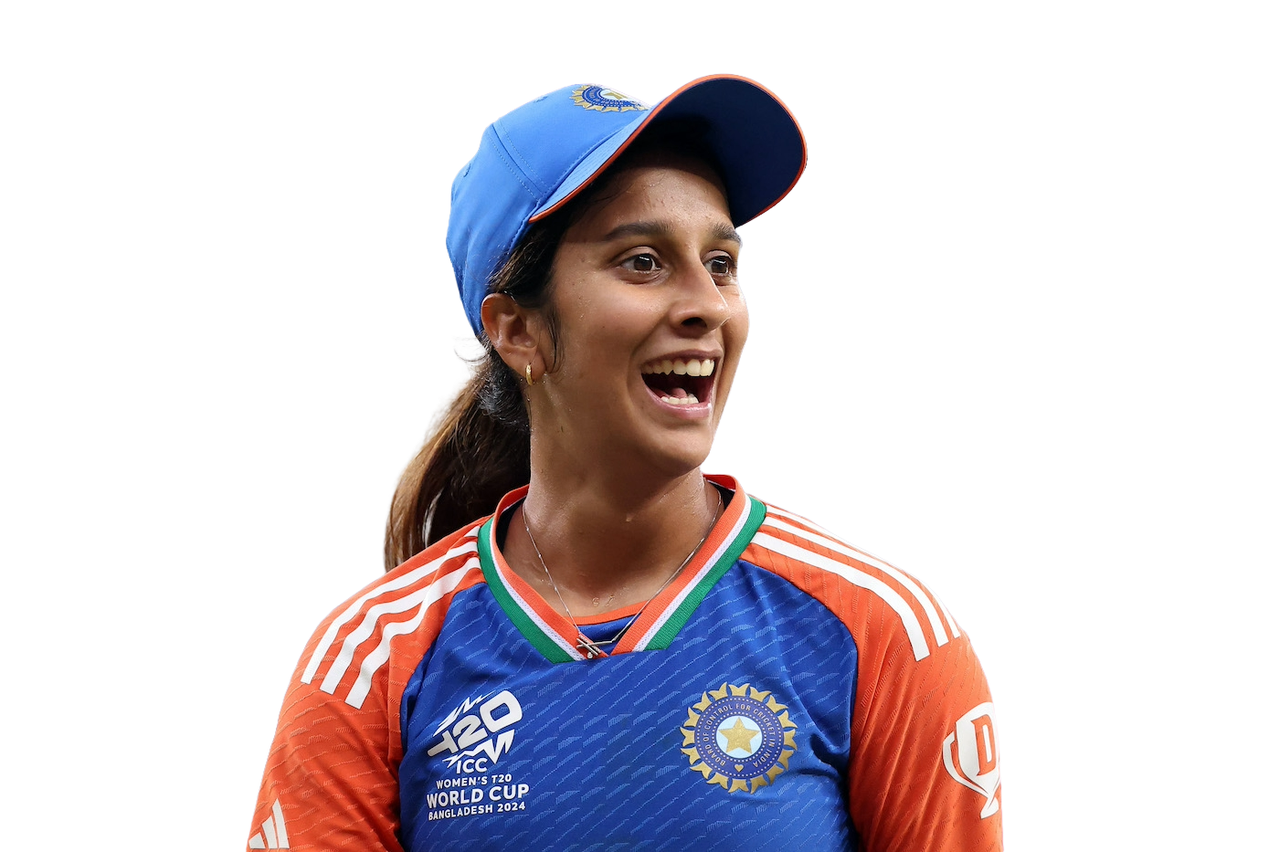Smiling female cricket player wearing Indian team jersey and blue cap during ICC Women's T20 World Cup