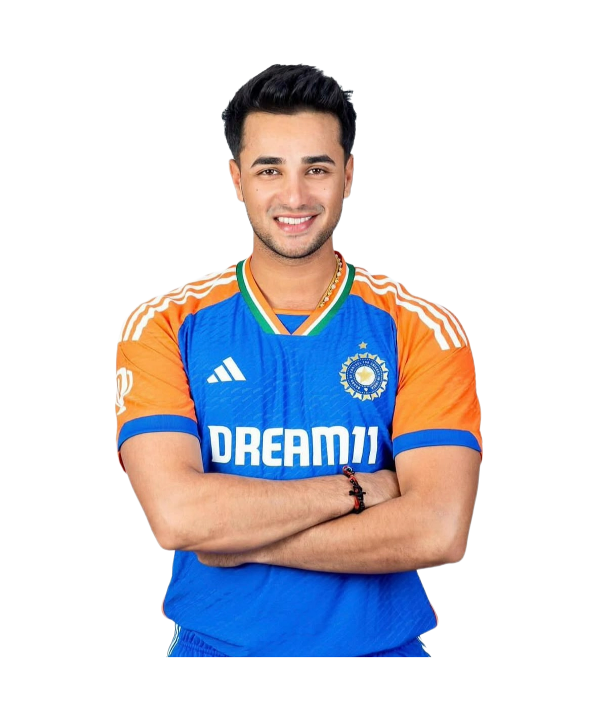 Smiling man with folded arms wearing an India cricket team jersey with Dream11 logo.