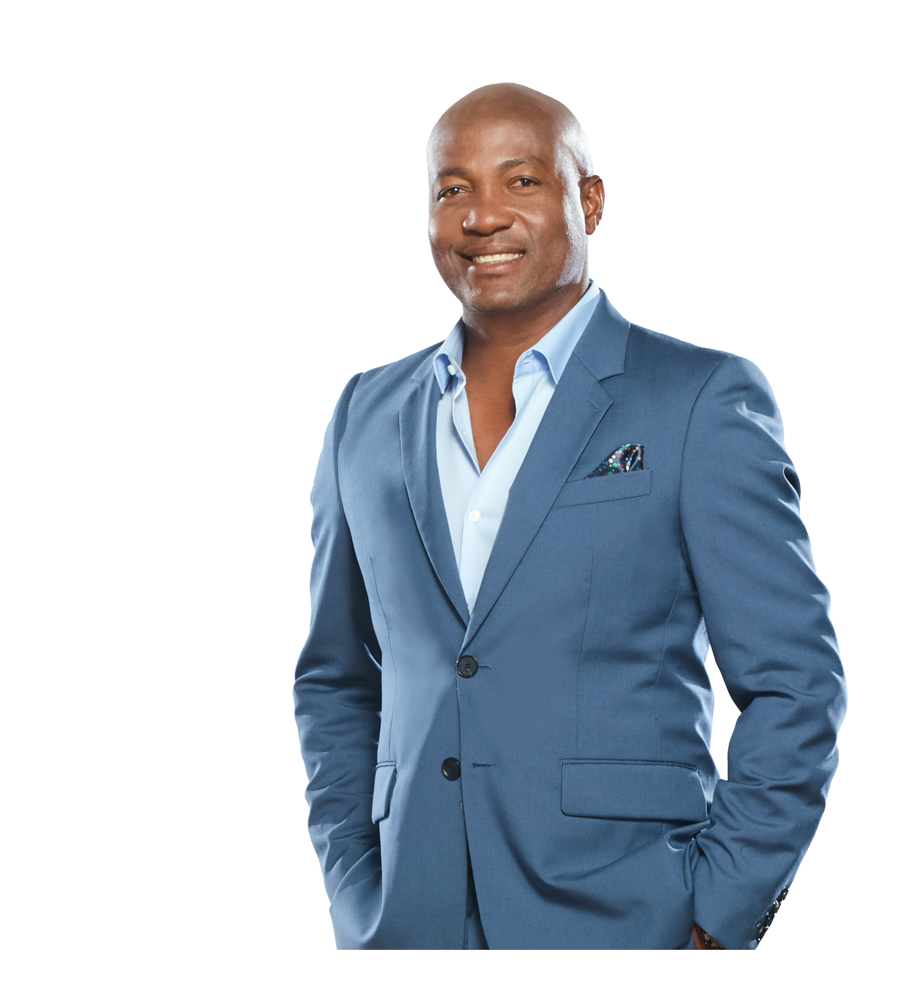 Smiling bald man in a blue suit with a light blue shirt and patterned pocket square.