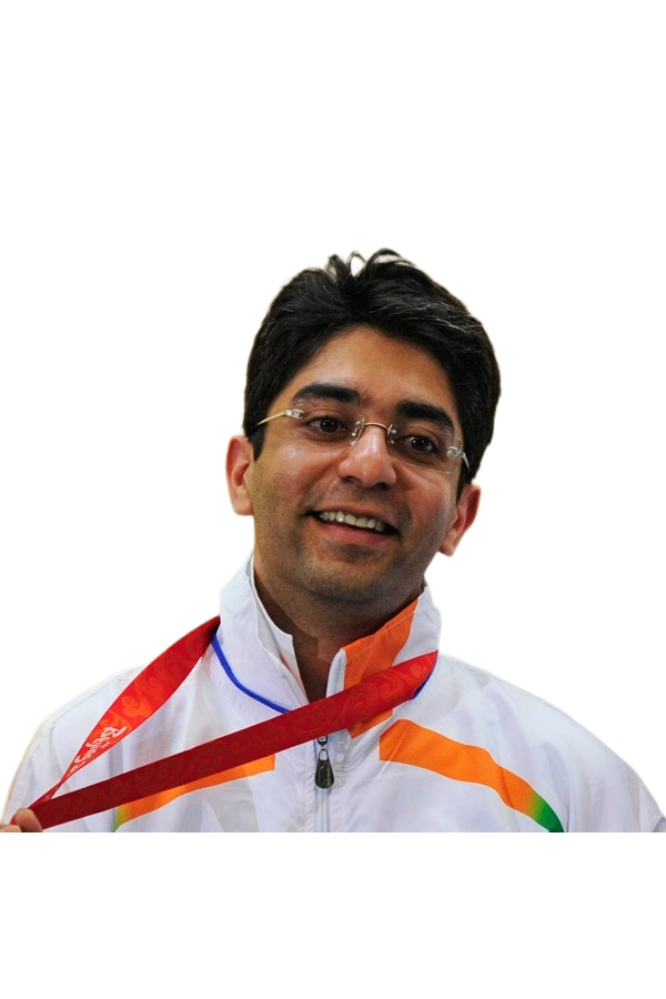 Smiling man wearing glasses and a white jacket with orange and green stripes holding a red medal ribbon.