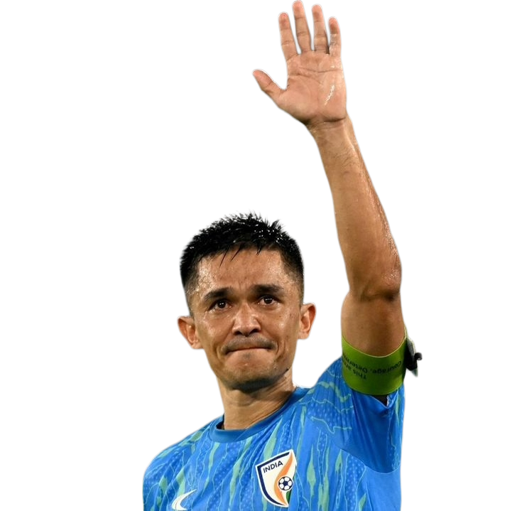 Man in blue India soccer jersey raising his right hand, wearing a green captain's armband.