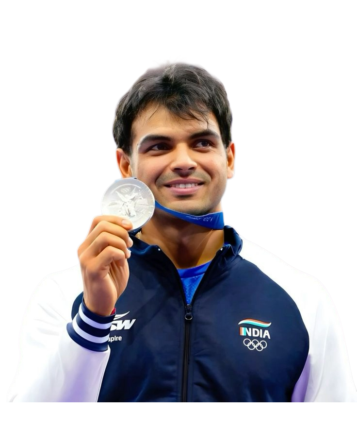 Male athlete wearing India Olympic jacket holding a silver medal and smiling.