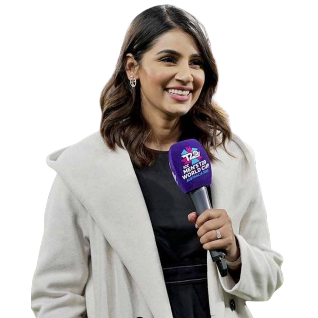 Smiling woman with medium-length dark hair wearing a light-colored coat and black top, holding a microphone labeled ICC Men's T20 World Cup Australia 2022.