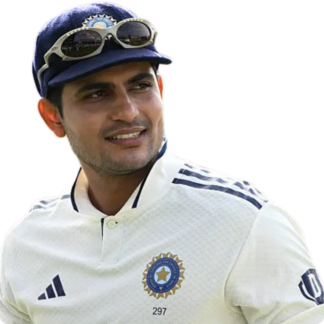 Male cricket player in white team uniform with Indian cricket team logo on shirt and cap, wearing sunglasses on the cap, smiling and looking to the side.