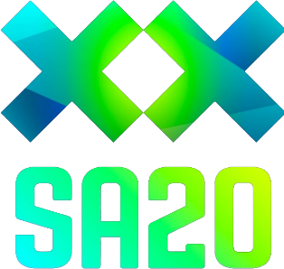 Logo with two overlapping X shapes in blue and green gradient above the text 'SA20' in green and blue gradient on a black background.