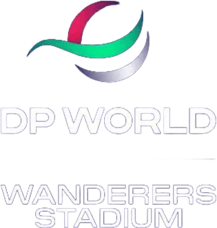 Logo consisting of a stylized abstract swoosh shape in red, green, and silver above the text 'DP WORLD' and 'WANDERERS STADIUM' in white capital letters on a black background.
