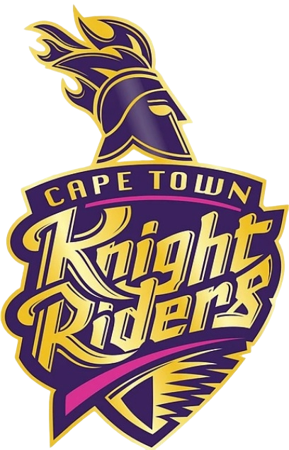 Cape Town Knight Riders logo featuring a stylized knight's helmet with flames and bold yellow text on a purple background.