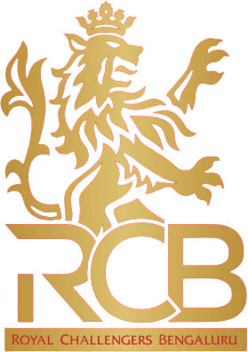 Logo of Royal Challengers Bengaluru featuring a golden crowned lion standing on its hind legs above the stylized letters RCB, with the full name written below.