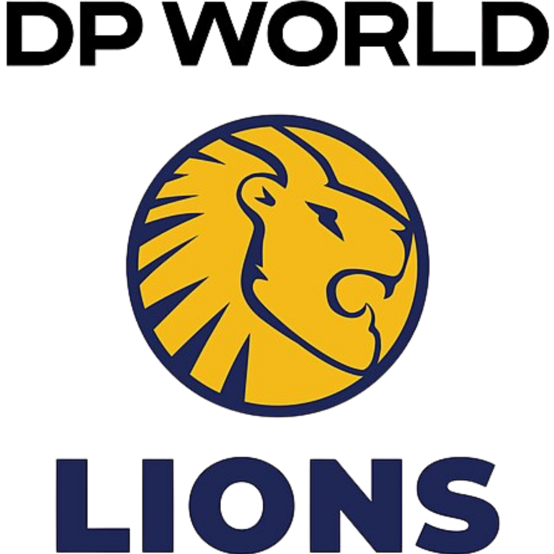 DP World Lions logo featuring a stylized yellow lion head in profile within a navy blue circle, with DP World text above and LIONS text below in navy blue.