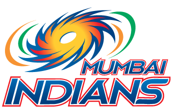 Colorful stylized circular swirl with curved streaks in blue, orange, green, and red above bold text reading 'Mumbai Indians' in blue with red and white outlines.