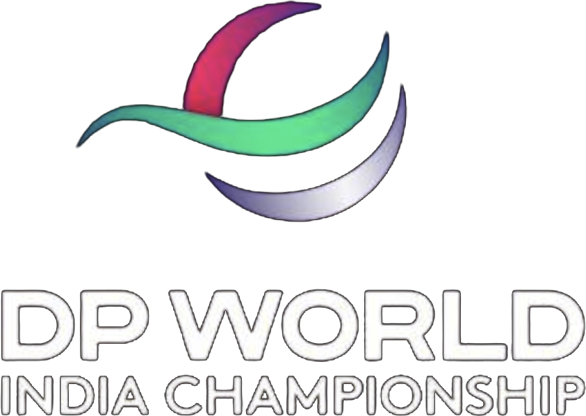 DP World India Championship logo with a crescent-shaped multicolor swirl above the text on a black background.