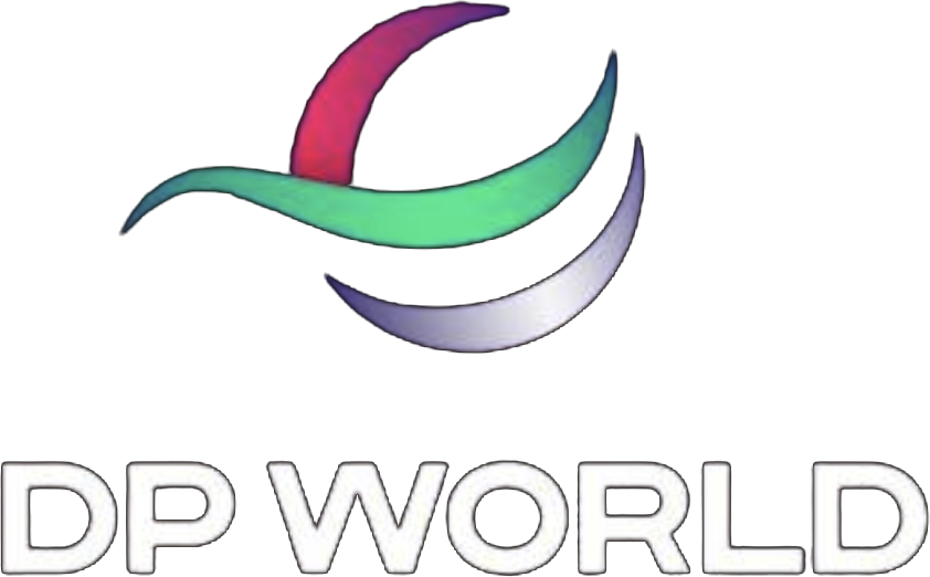 DP World logo with a stylized circular shape above the text, featuring curved segments in red, green, and purple on a black background.