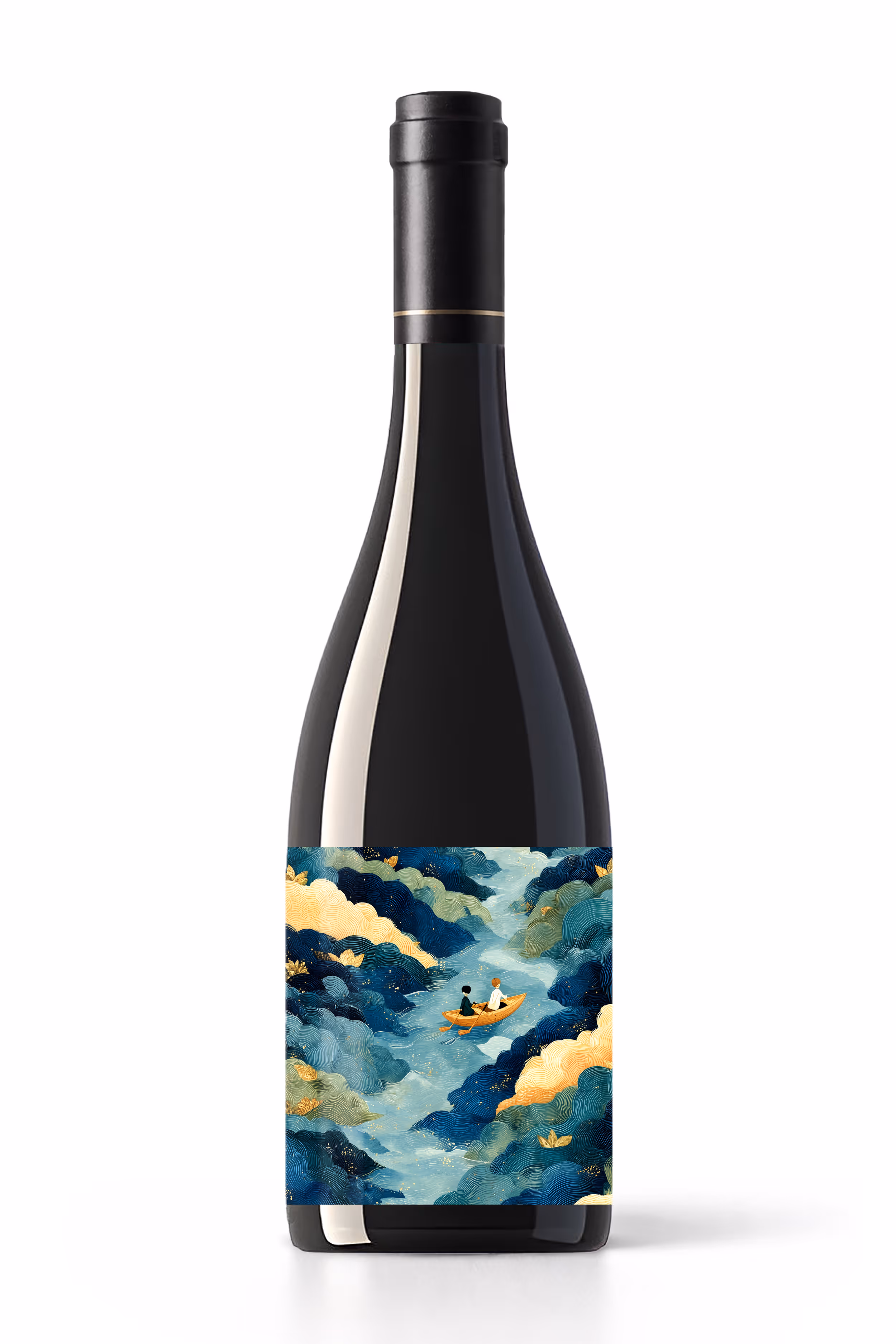 Chai rượu vang với nhãn vẽ minh họa hai người chèo thuyền trong dòng sông xanh giữa những đám mây màu xanh và vàng.