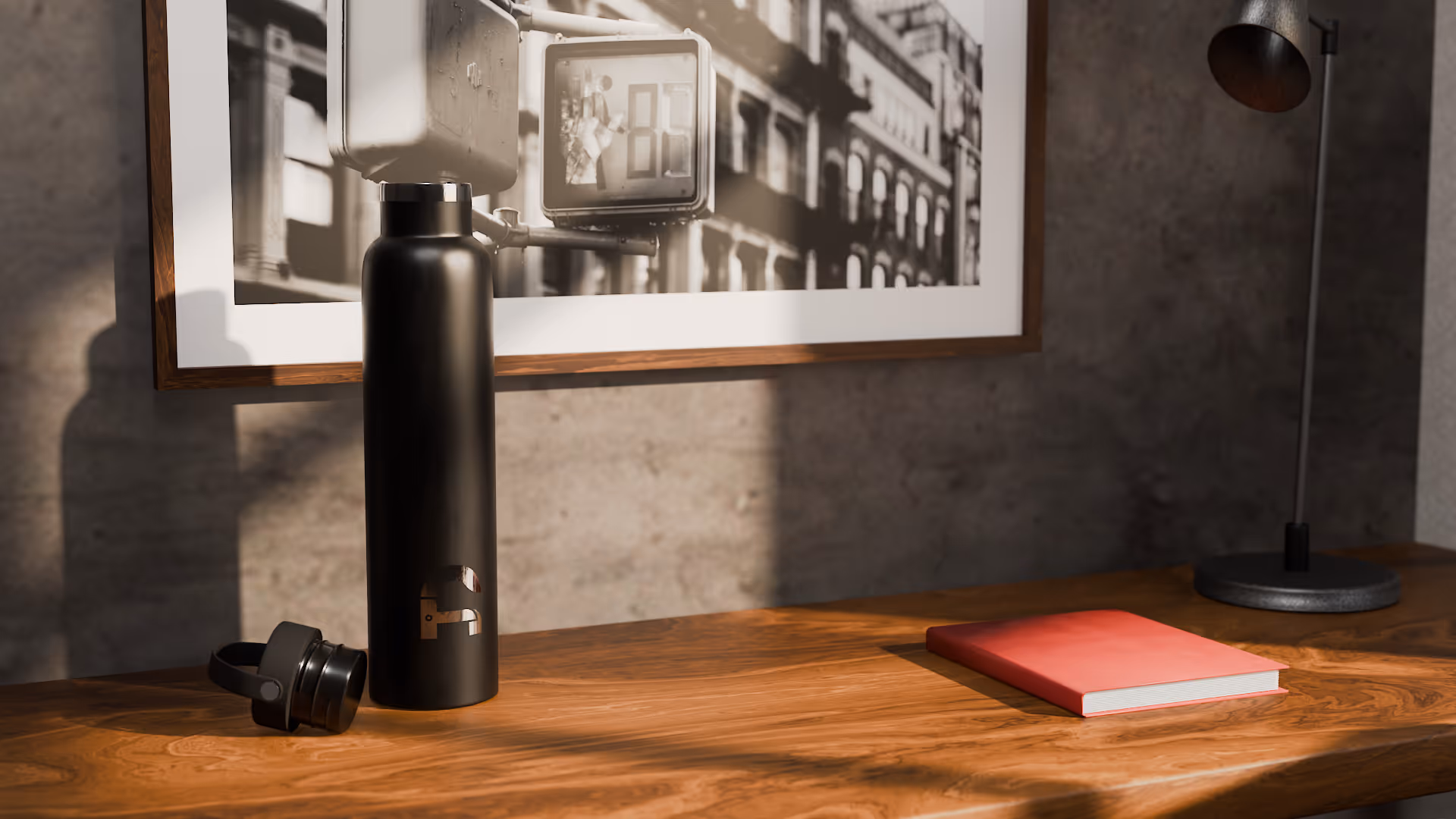 Image montrant la scène finale de la pub Authus avec la gourde posé sur un bureau minimaliste