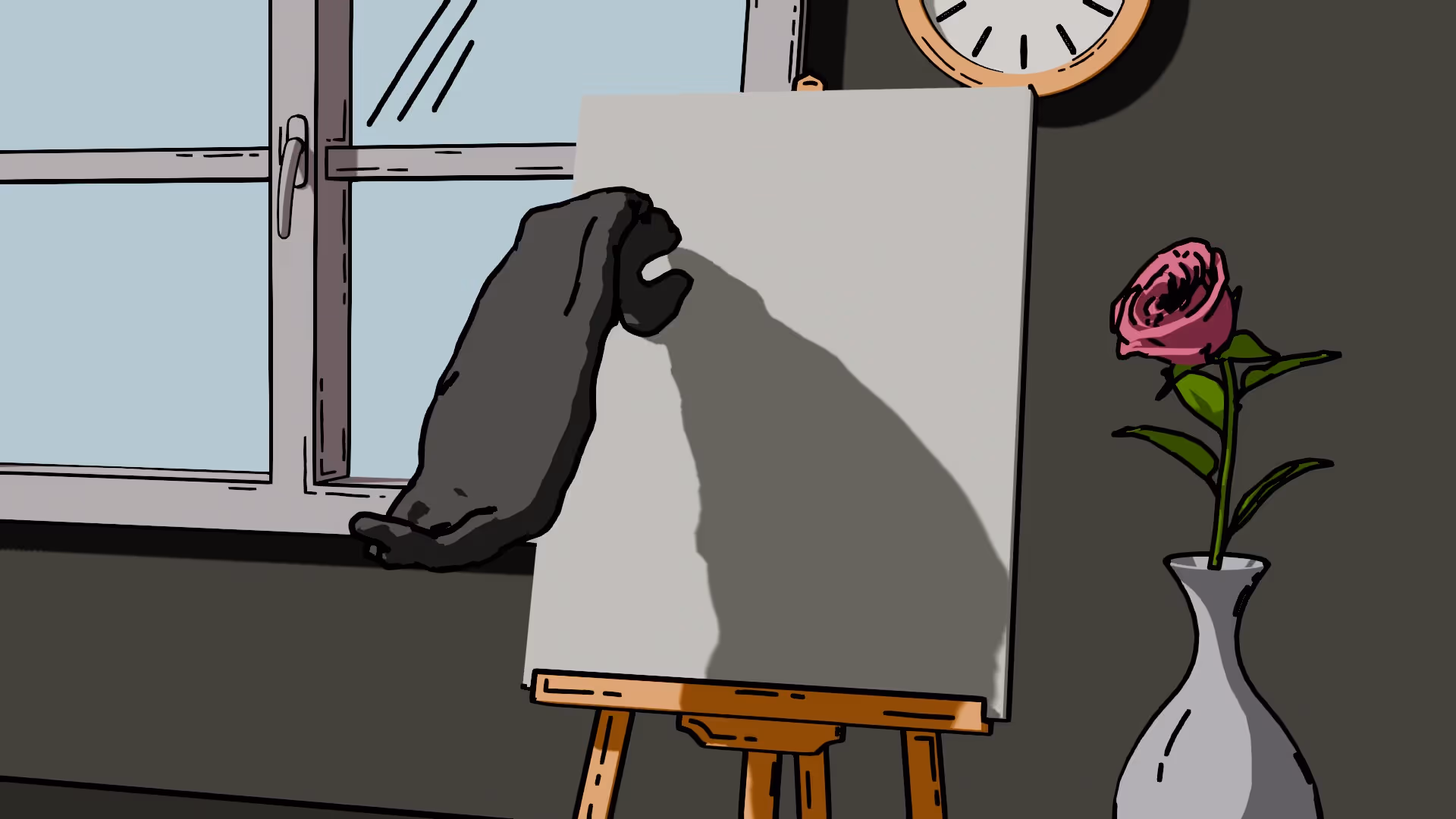 Image de couverture du projet nommé Artiste, avec la scène où au centre se trouve une toile sur un chevalet, avec un jet de peinture.