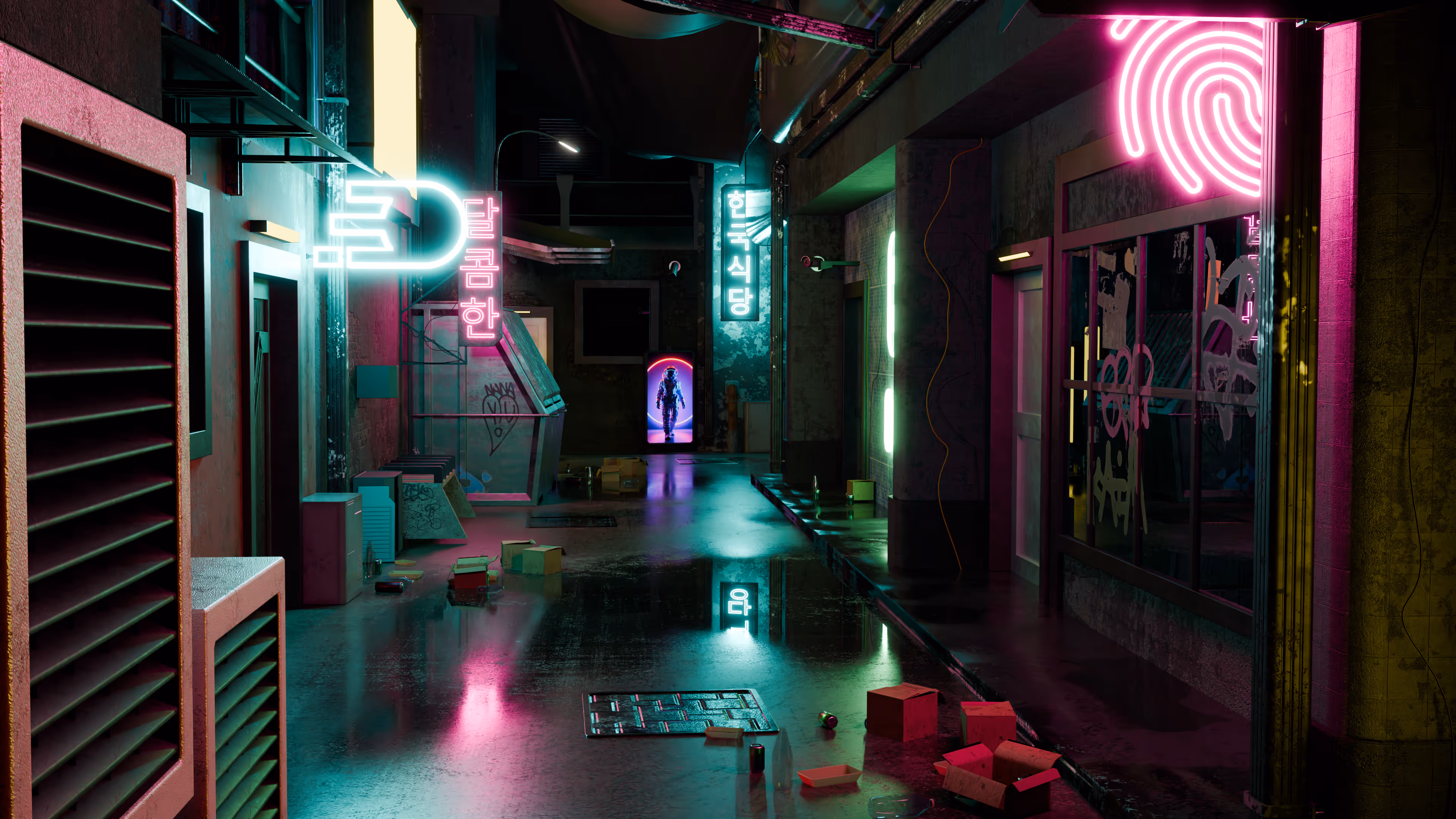 Photo de la scène Cyberpunk avec néons.