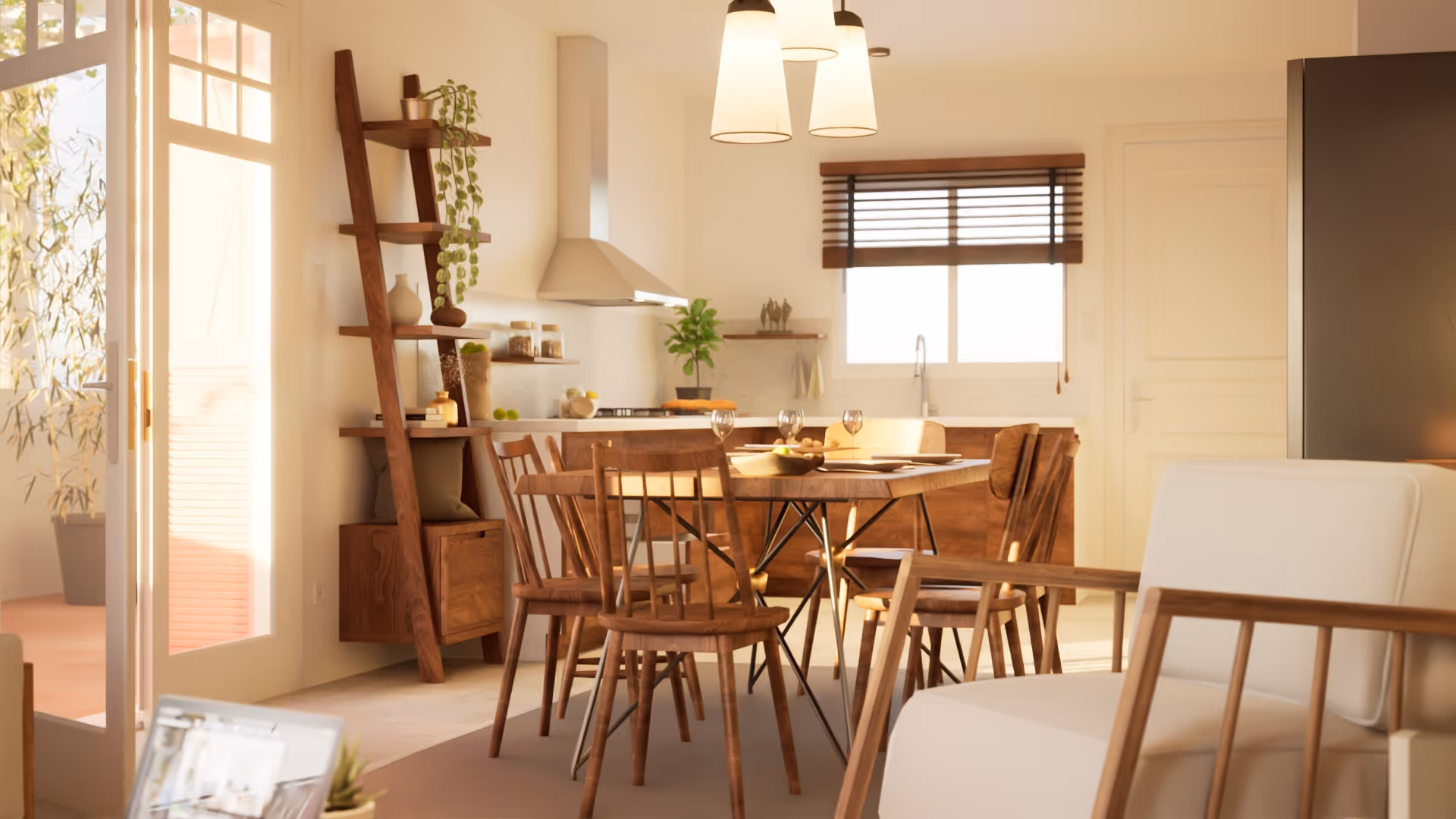 Bright modern kitchen and dining area with wooden chairs, a dining table, plants, and large window with blinds.