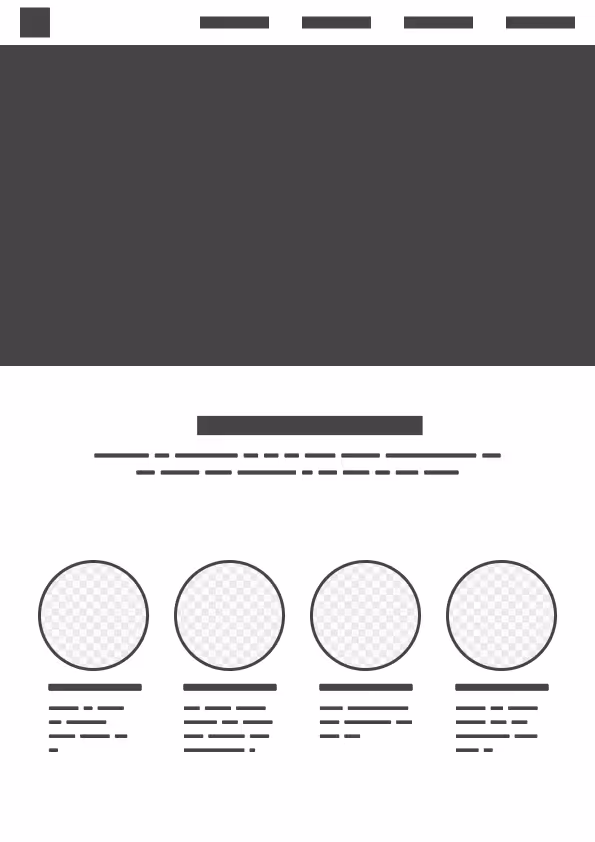 Webpage layout with a top navigation bar, a large central banner, a heading and subheading below, followed by four circular image placeholders each with a title and description underneath.