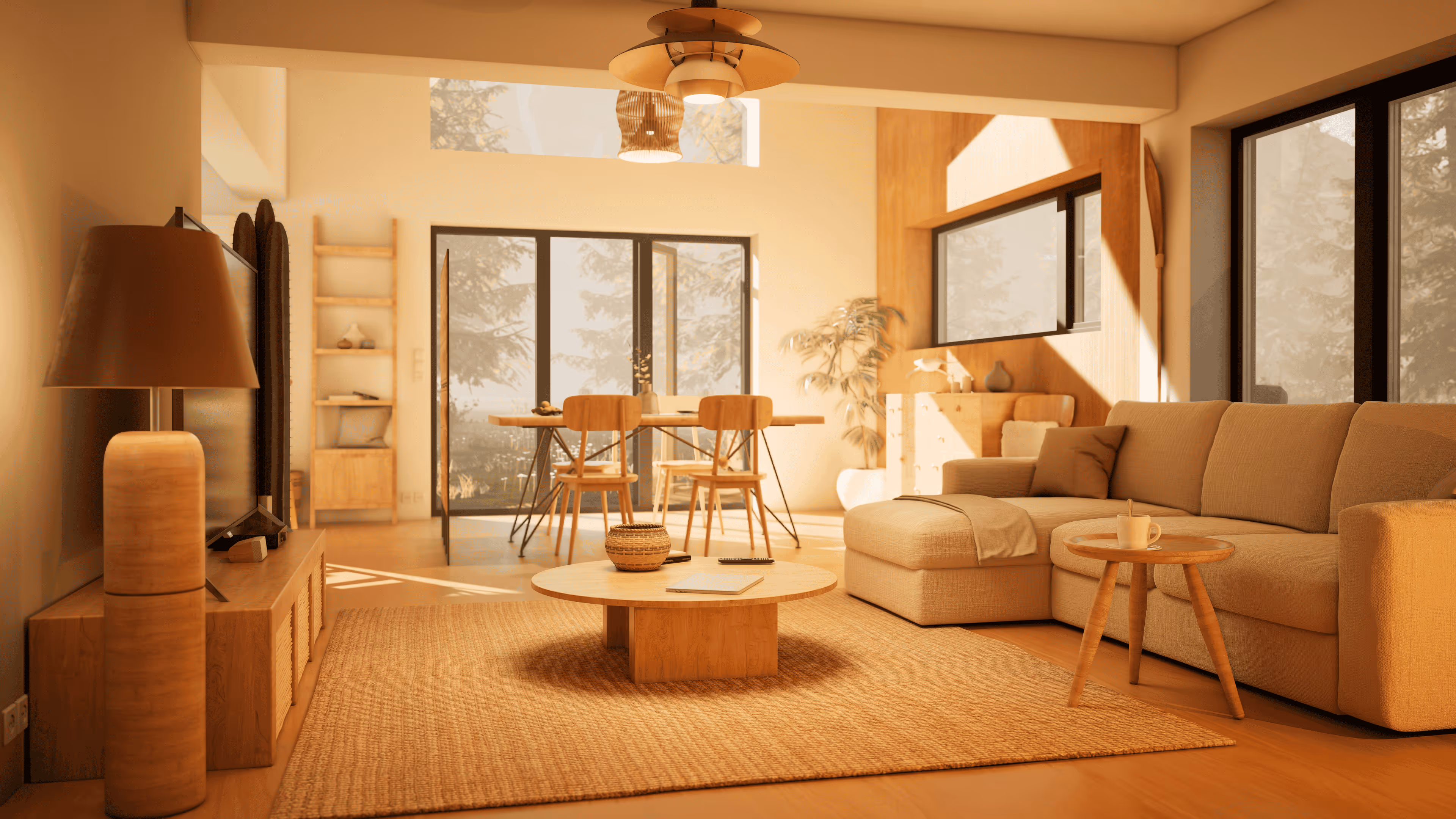 Bright modern kitchen and dining area with wooden table, chairs, open shelving, and large window with blinds.