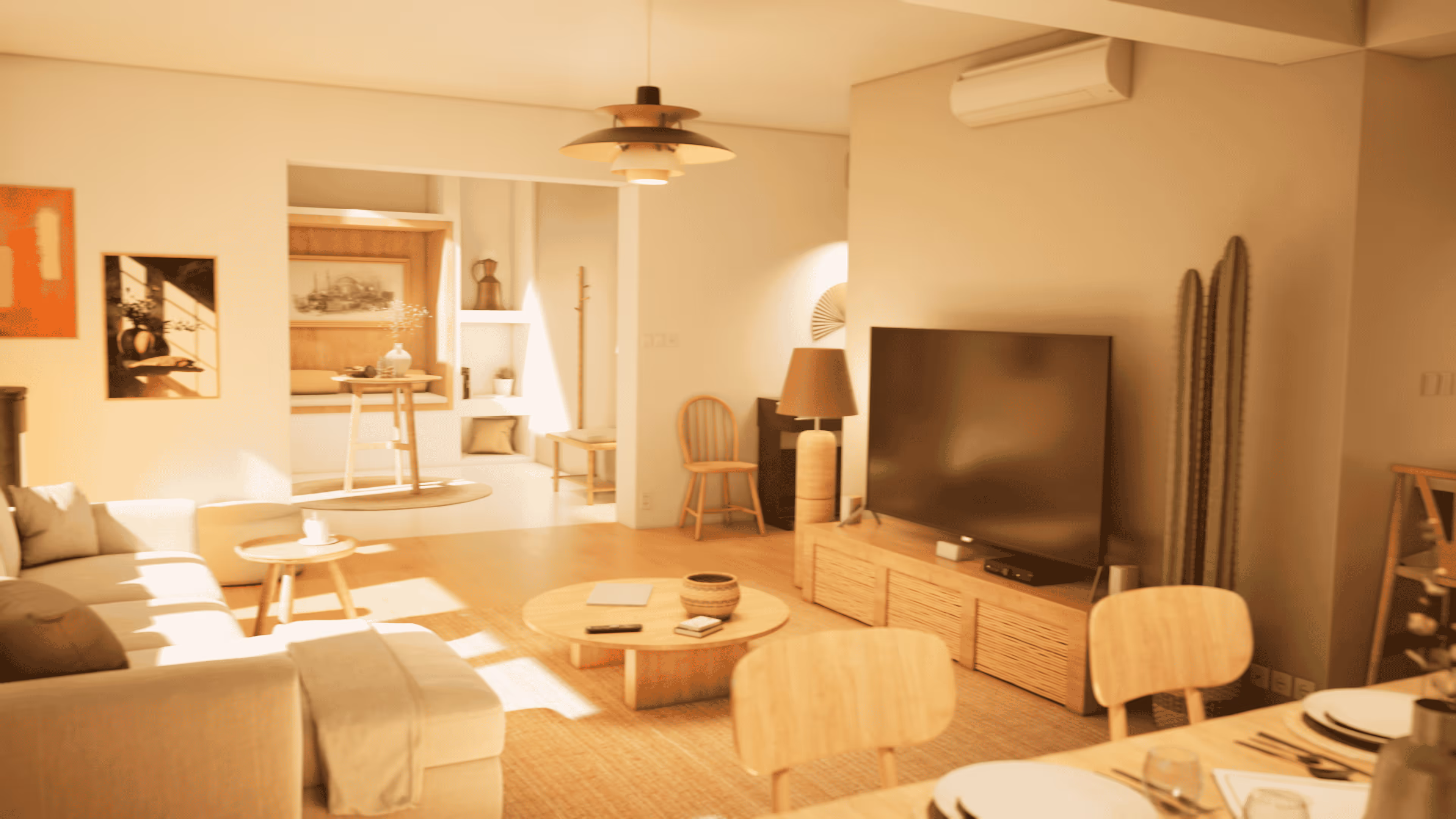 Bright, modern living room with beige sofa, wooden coffee table, TV on wooden console, and dining table with chairs.