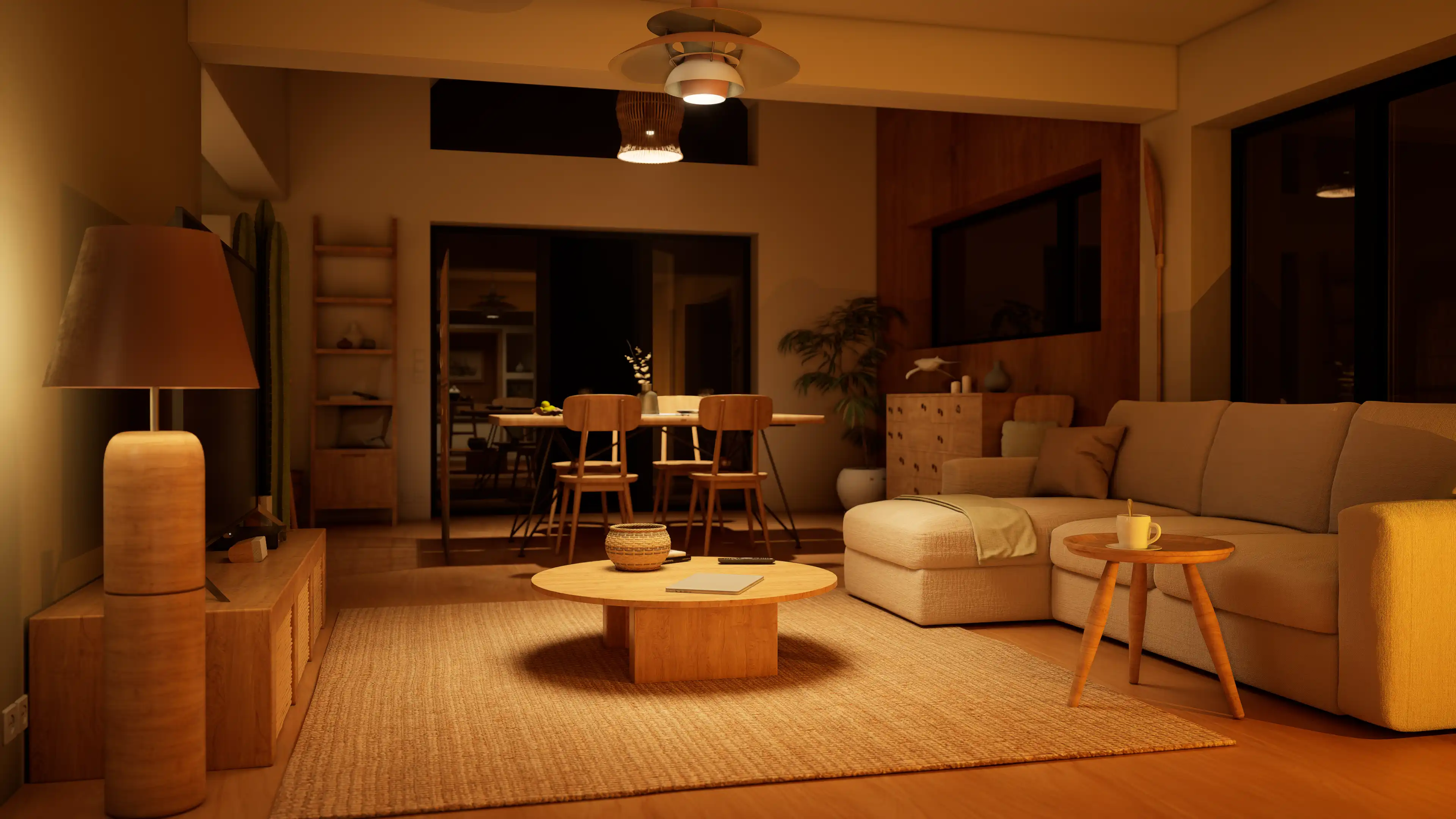 Bright modern kitchen and dining area with wooden table, chairs, open shelving, and large window with blinds.