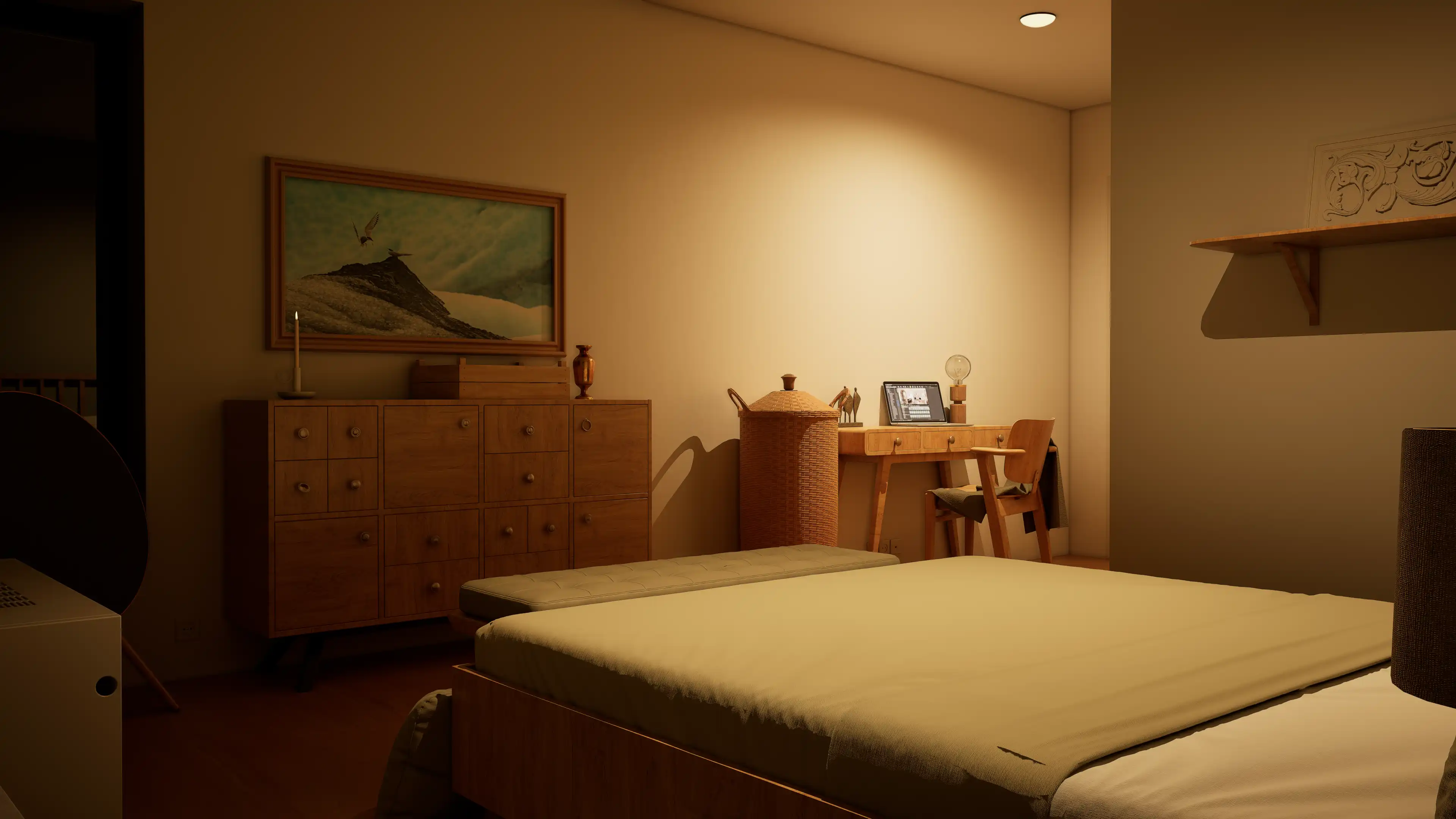 Bright modern kitchen and dining area with wooden table, chairs, open shelving, and large window with blinds.