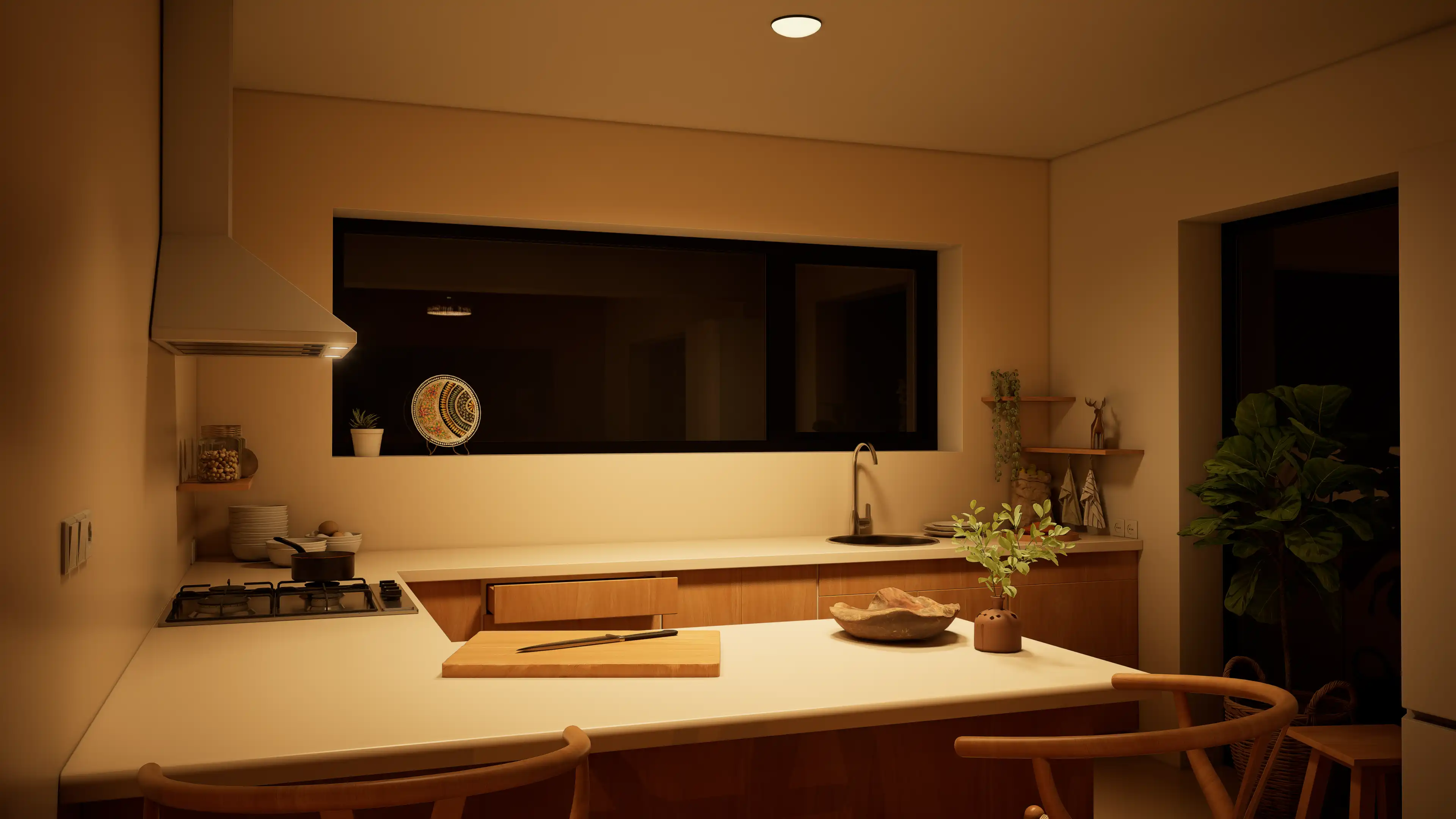 Bright modern kitchen and dining area with wooden table, chairs, open shelving, and large window with blinds.