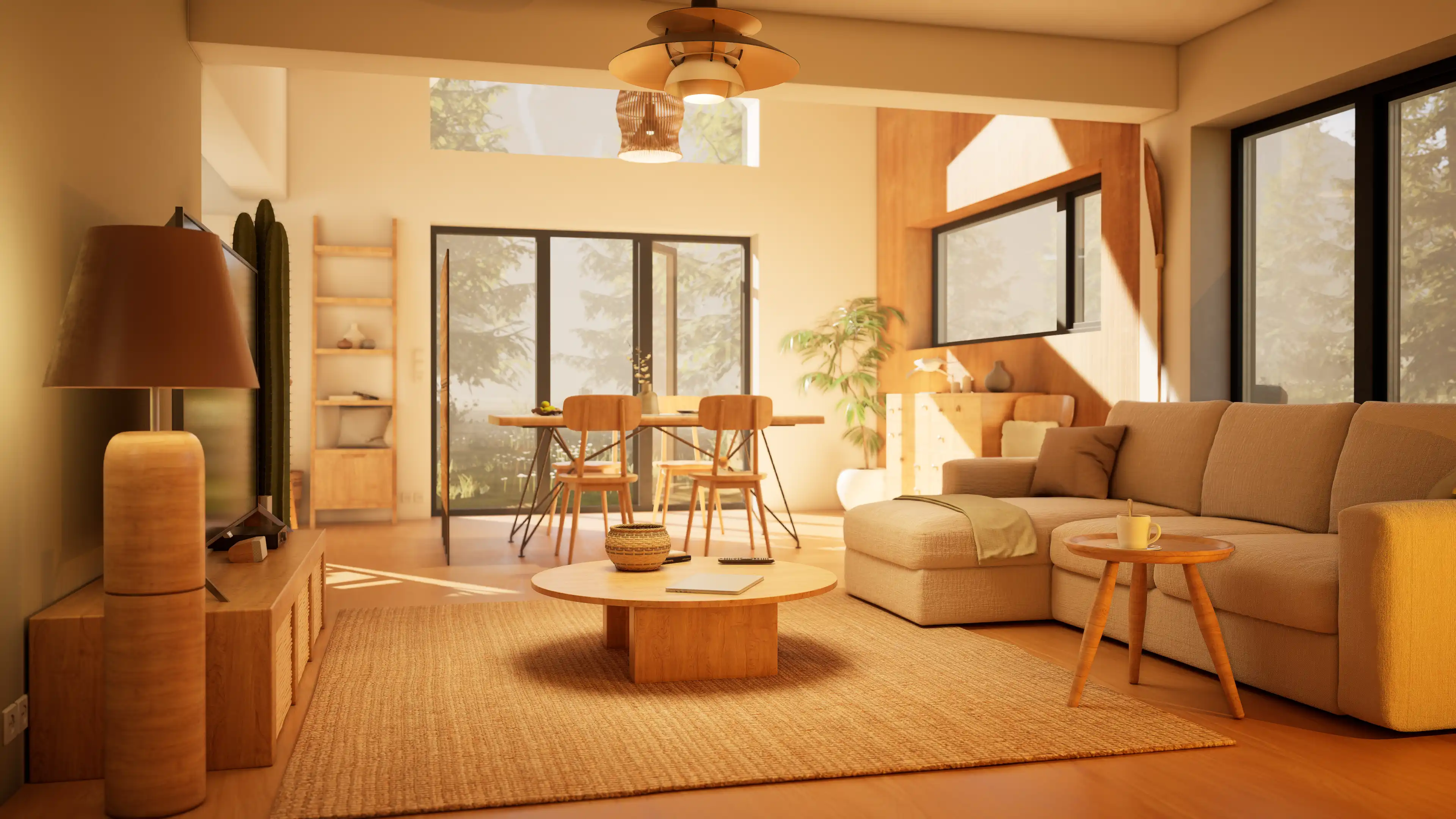 Bright modern kitchen and dining area with wooden table, chairs, open shelving, and large window with blinds.