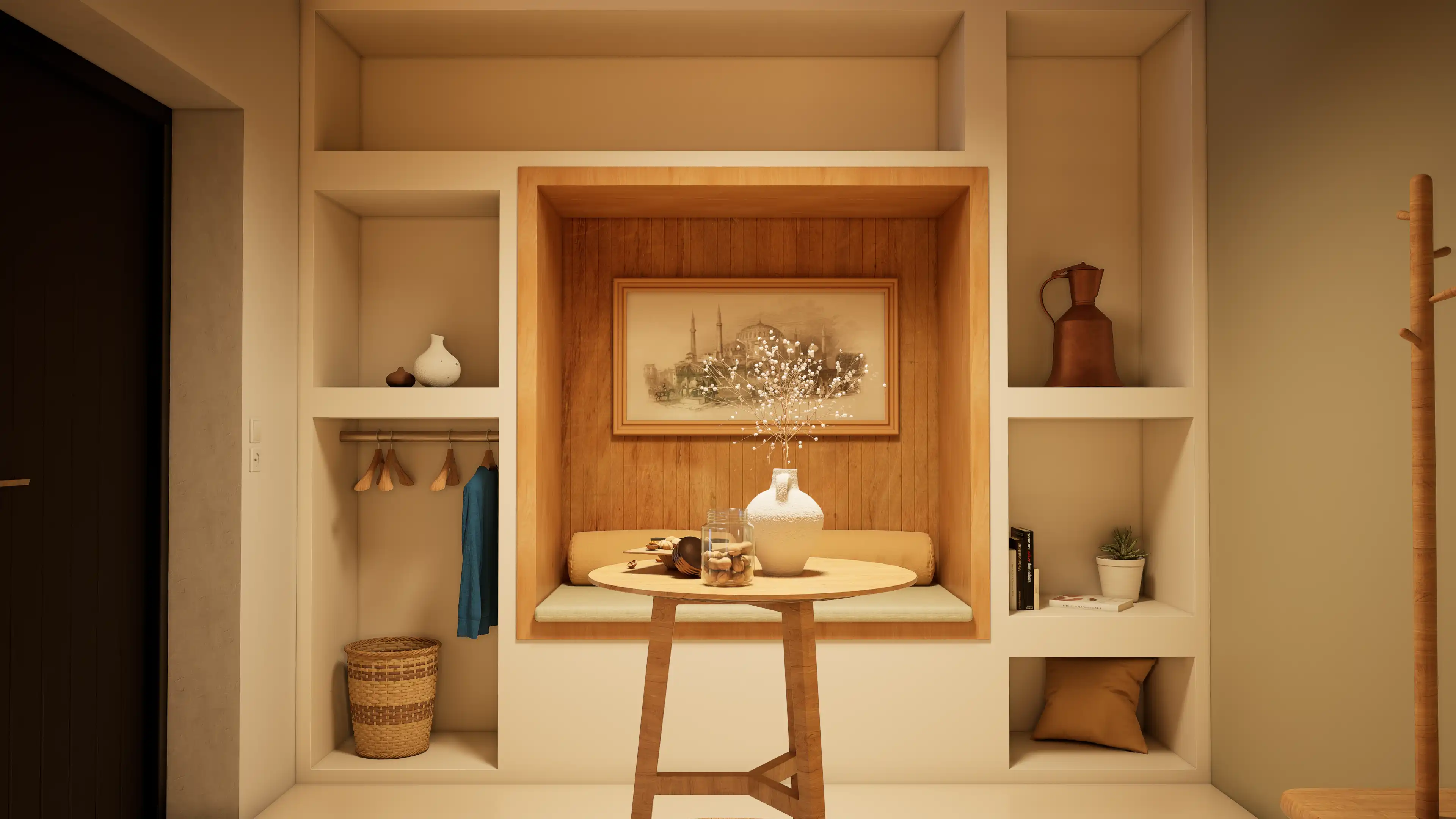 Cozy entryway with built-in shelves, a cushioned wooden bench, framed artwork, a round wooden table with a vase and decorative items, and a coat rack.