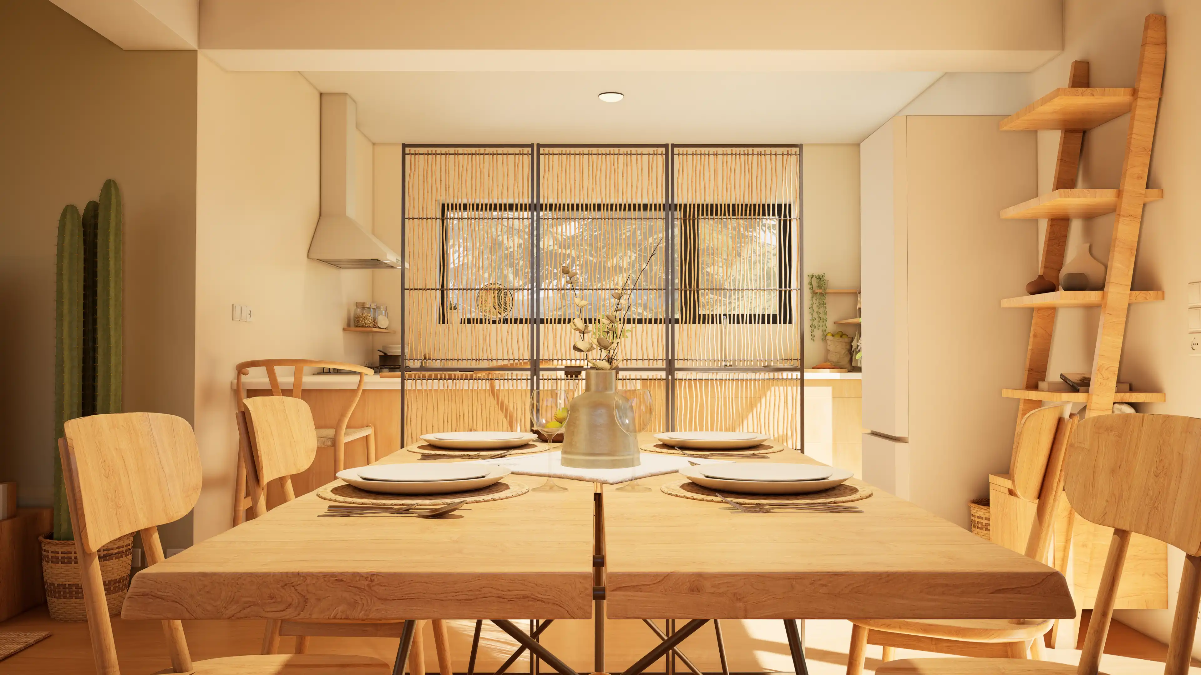 Sunlit dining table set with plates, glasses, and a vase with dried flowers in a wooden-themed dining room with chairs and a decorative room divider.