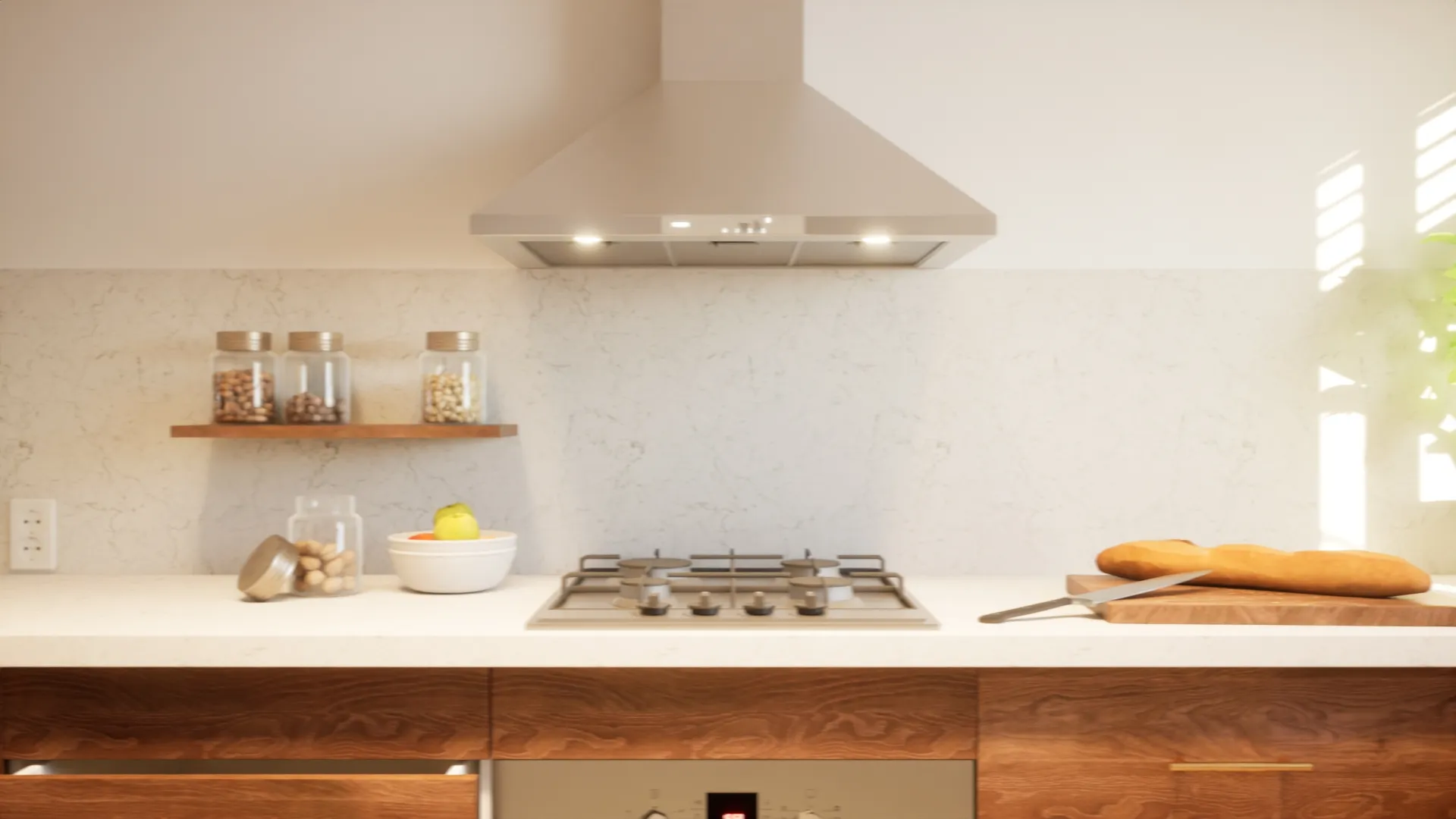 Modern kitchen countertop with cooktop, wooden cabinets, glass jars of nuts, a fruit bowl, and bread on a cutting board.
