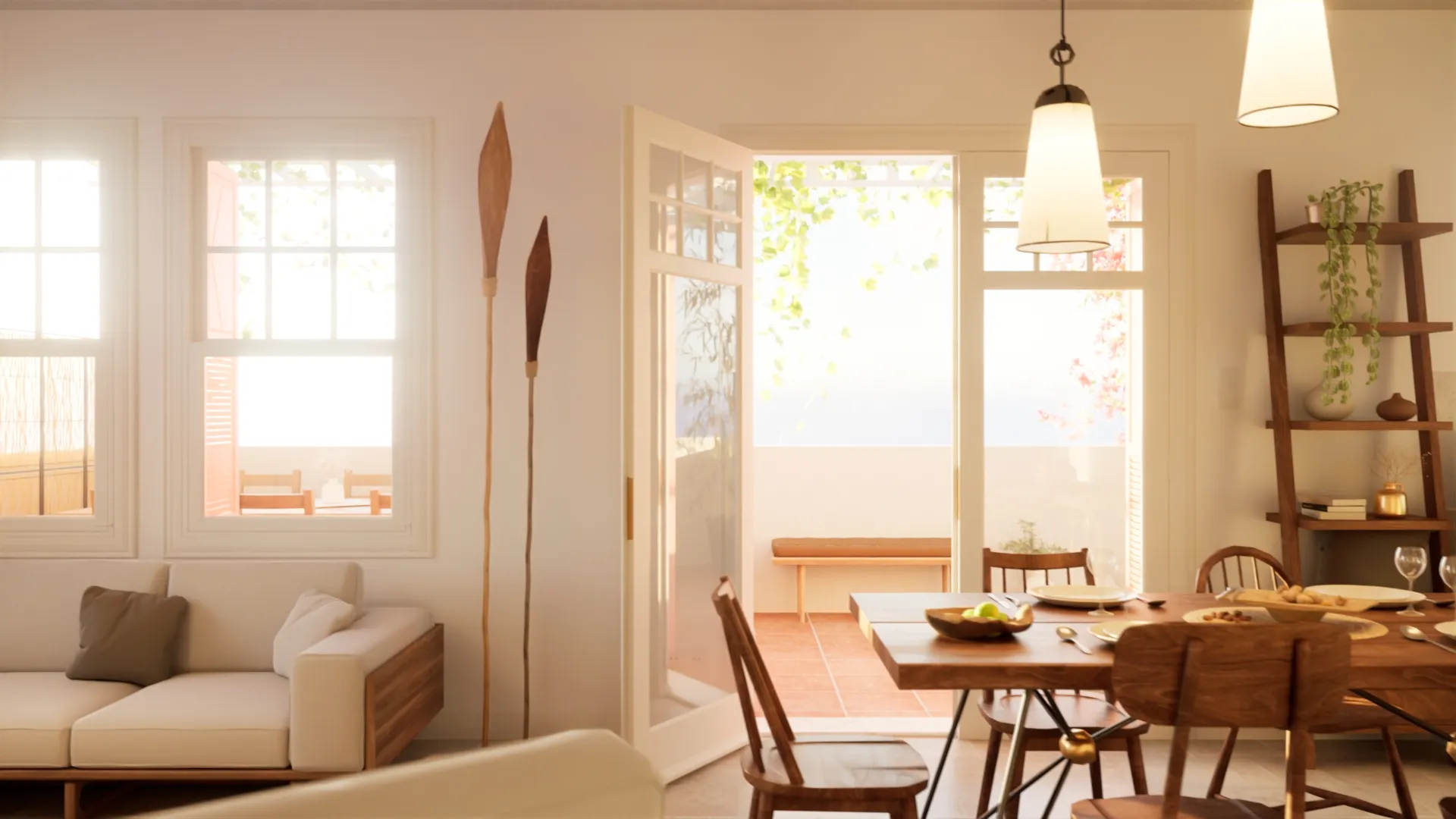 Bright dining room with wooden table set for meal, adjacent to a living area with sofa and glass doors leading to a sunlit patio.