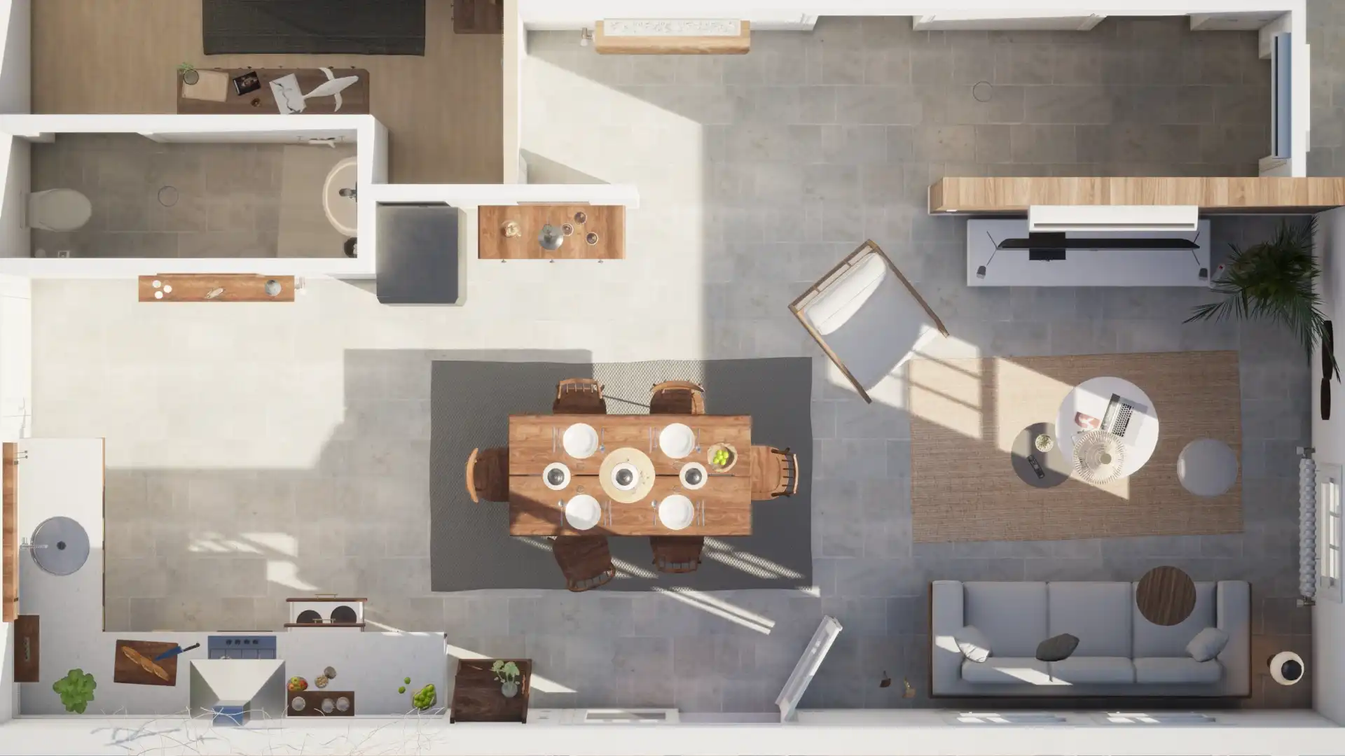 Top-down view of an open-concept living and dining area with a kitchen, a dining table set for six, a sofa, an armchair, and various decor items.