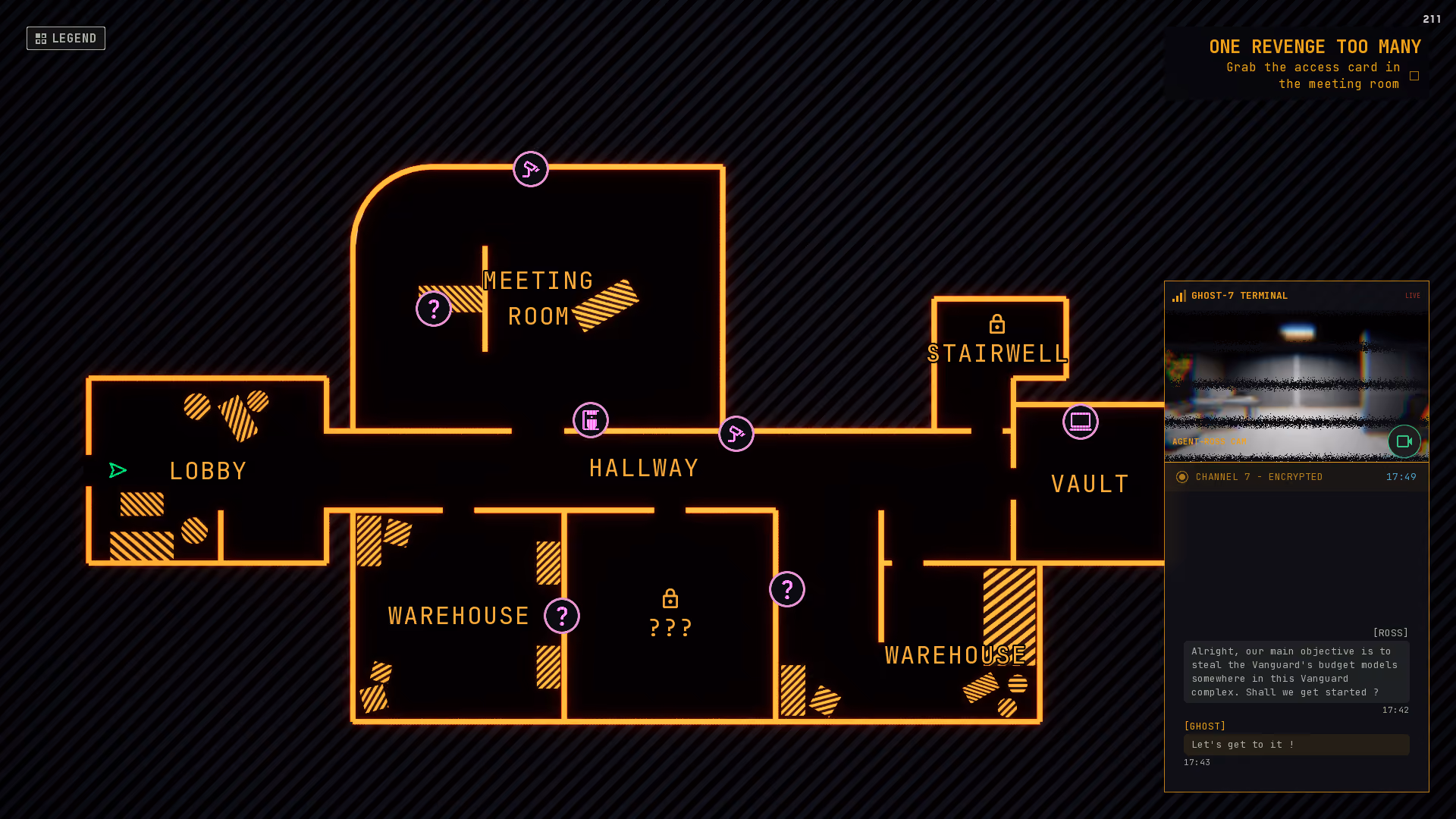 Game map showing rooms like lobby, meeting room, hallway, stairwell, vault, warehouses, and mission chat window.