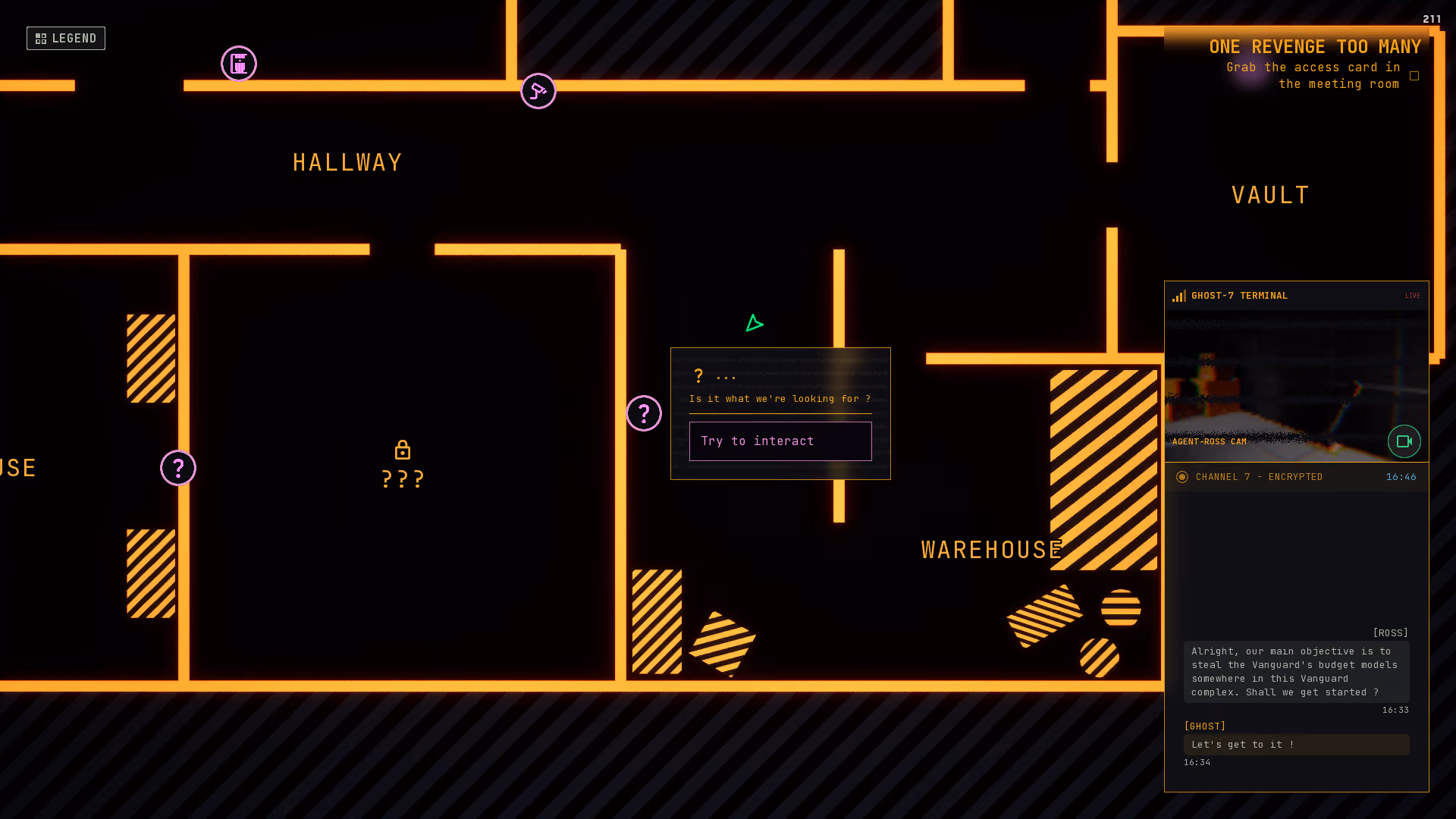 Game map showing rooms labeled Hallway, Vault, Warehouse, with mission and chat on screen.