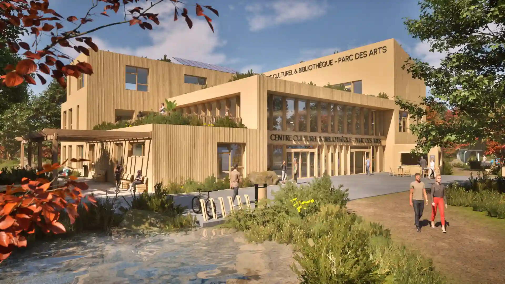 Modern cultural center and library building labeled 'Centre Culturel & Bibliothèque - Parc des Arts' surrounded by greenery, with people walking and cycling near a water feature.