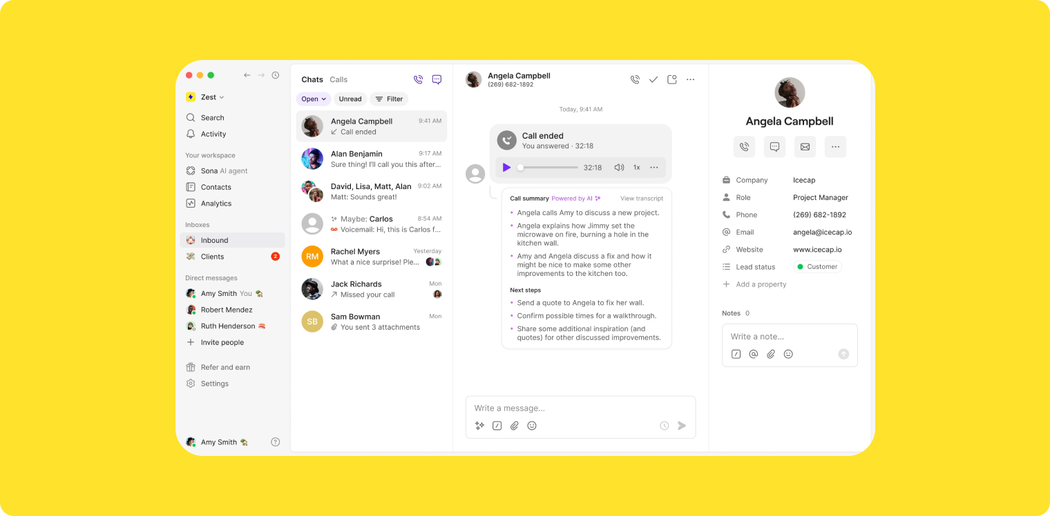 A screenshot of Quo's call history screen
