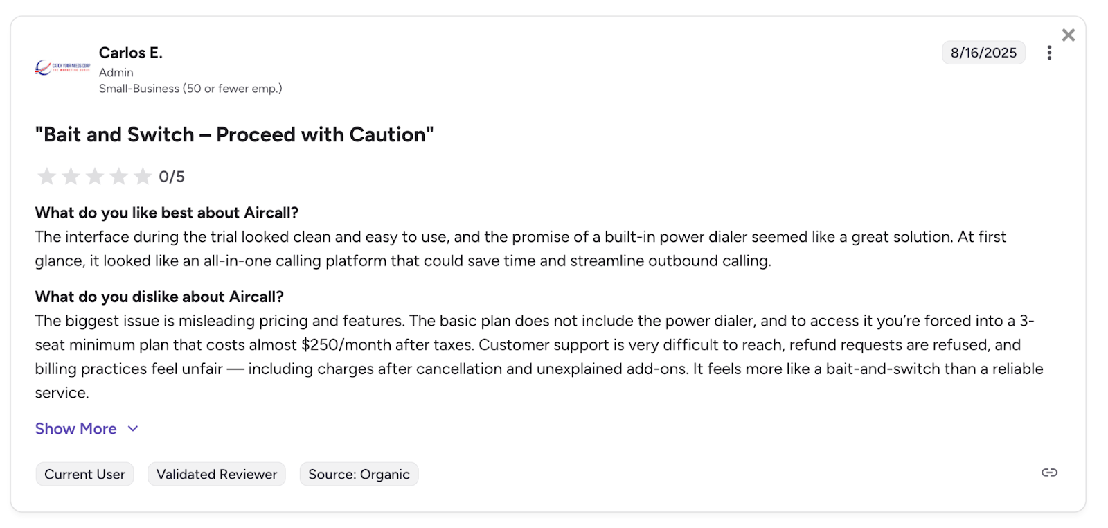 a screenshot from a G2 review complaining about Aircall's billing practices