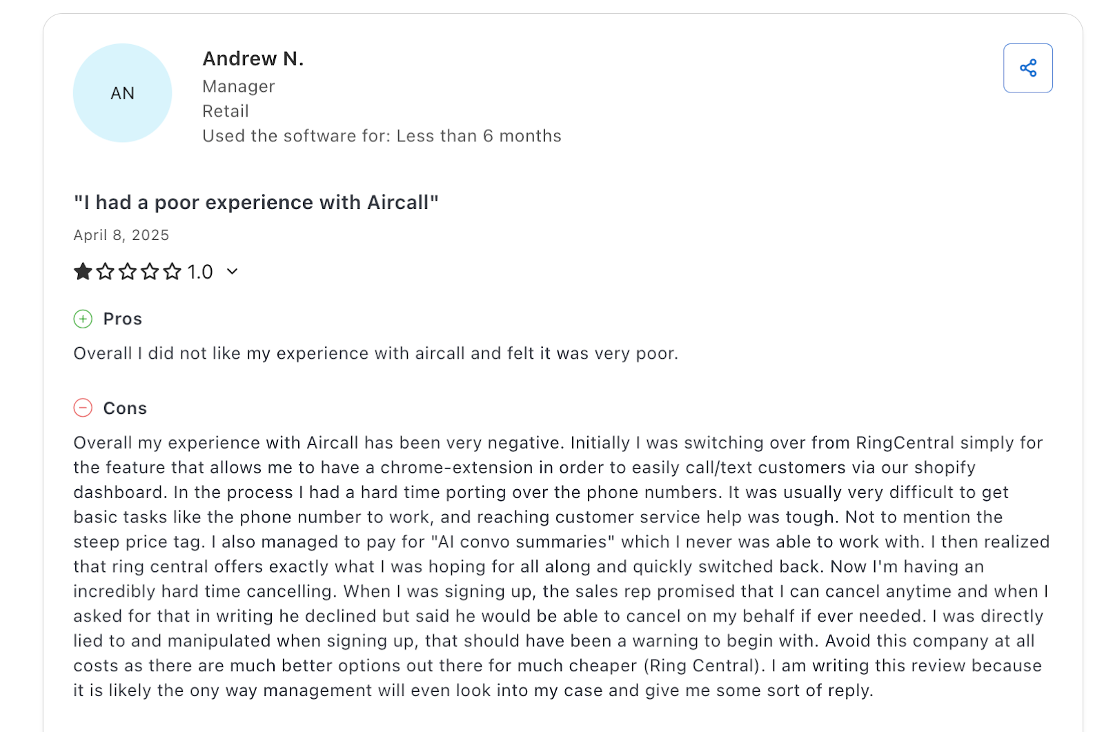 Screenshot of a Capterra review complaining about Aircall's unresponsive support team
