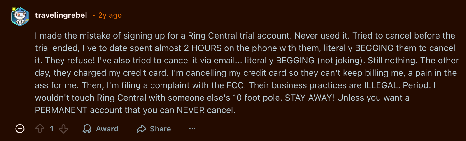 Screenshot of a Reddit thread. The user explains it took him a full hour to cancel his RingCentral subscription.