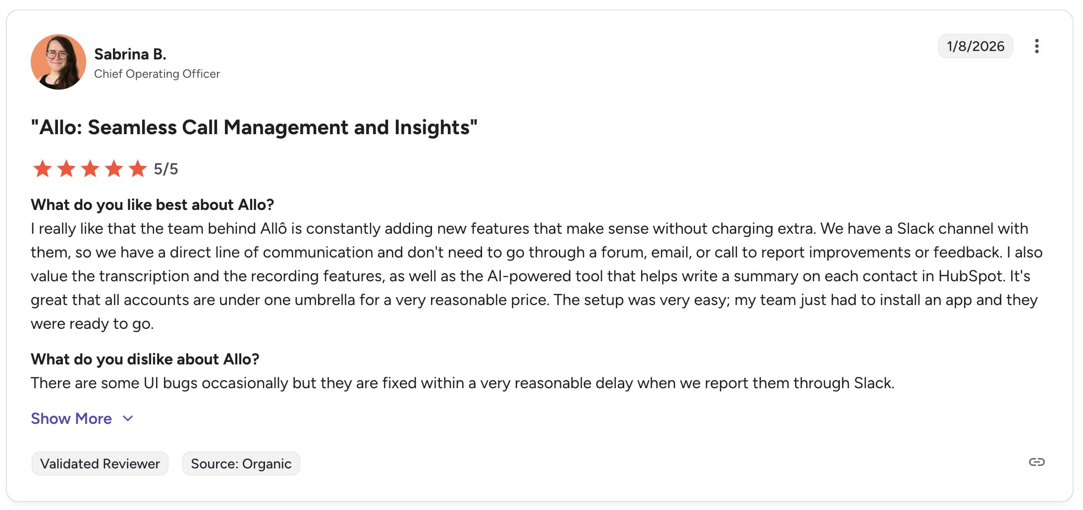 A 5-star review about Allo on G2