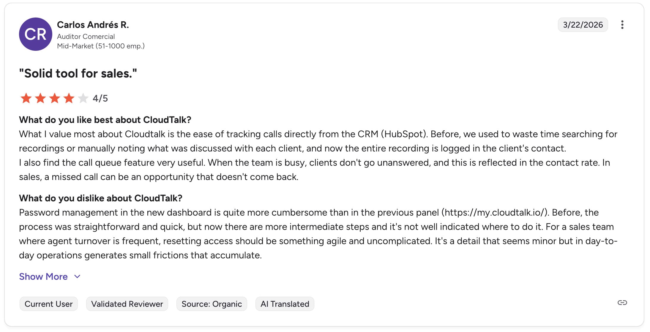 An enthusiastic review about Cloudtalk on G2