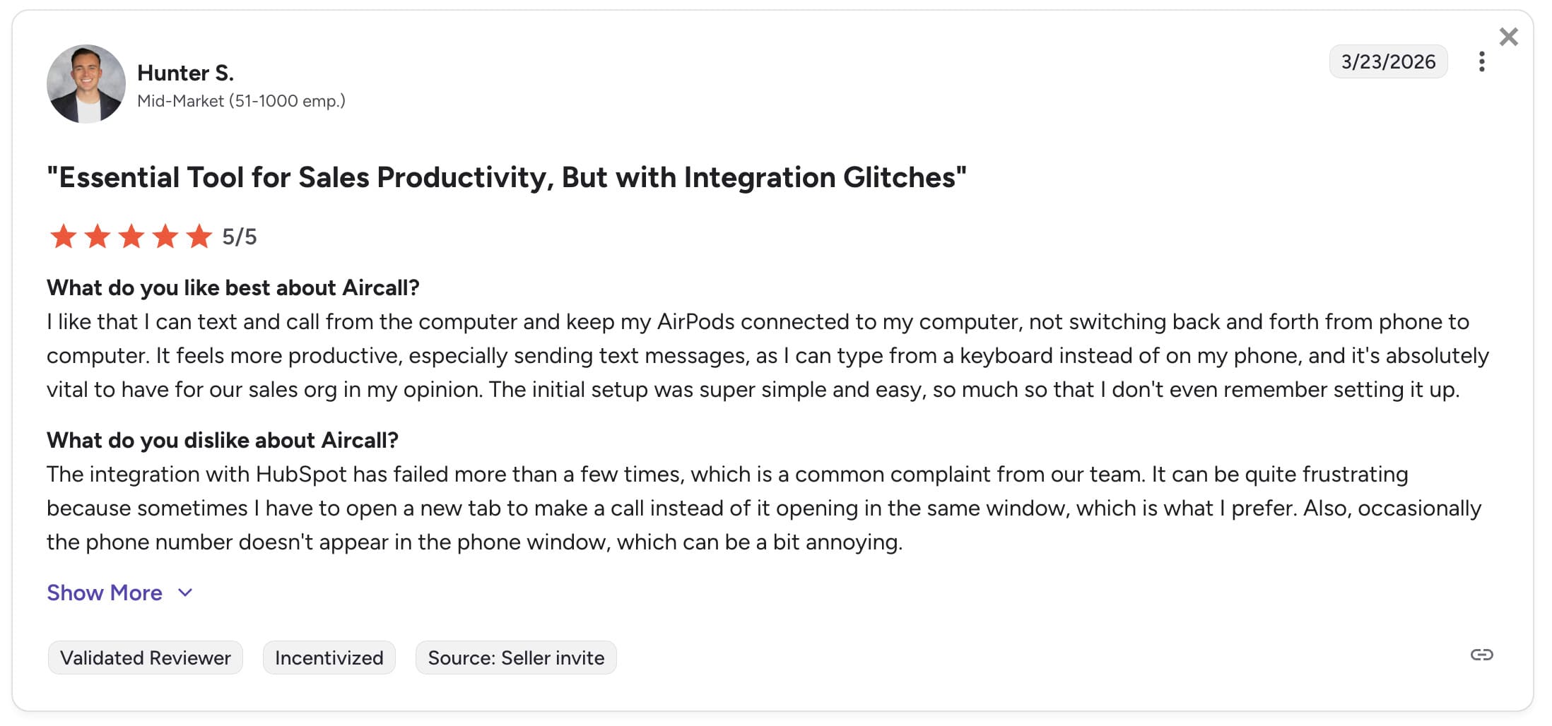 An Aircall user sharing their experience on G2
