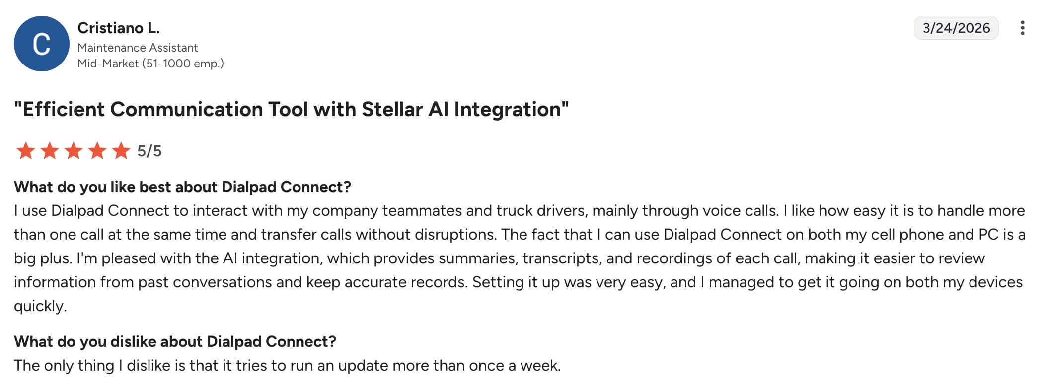 A 5-star review of Dialpad on G2