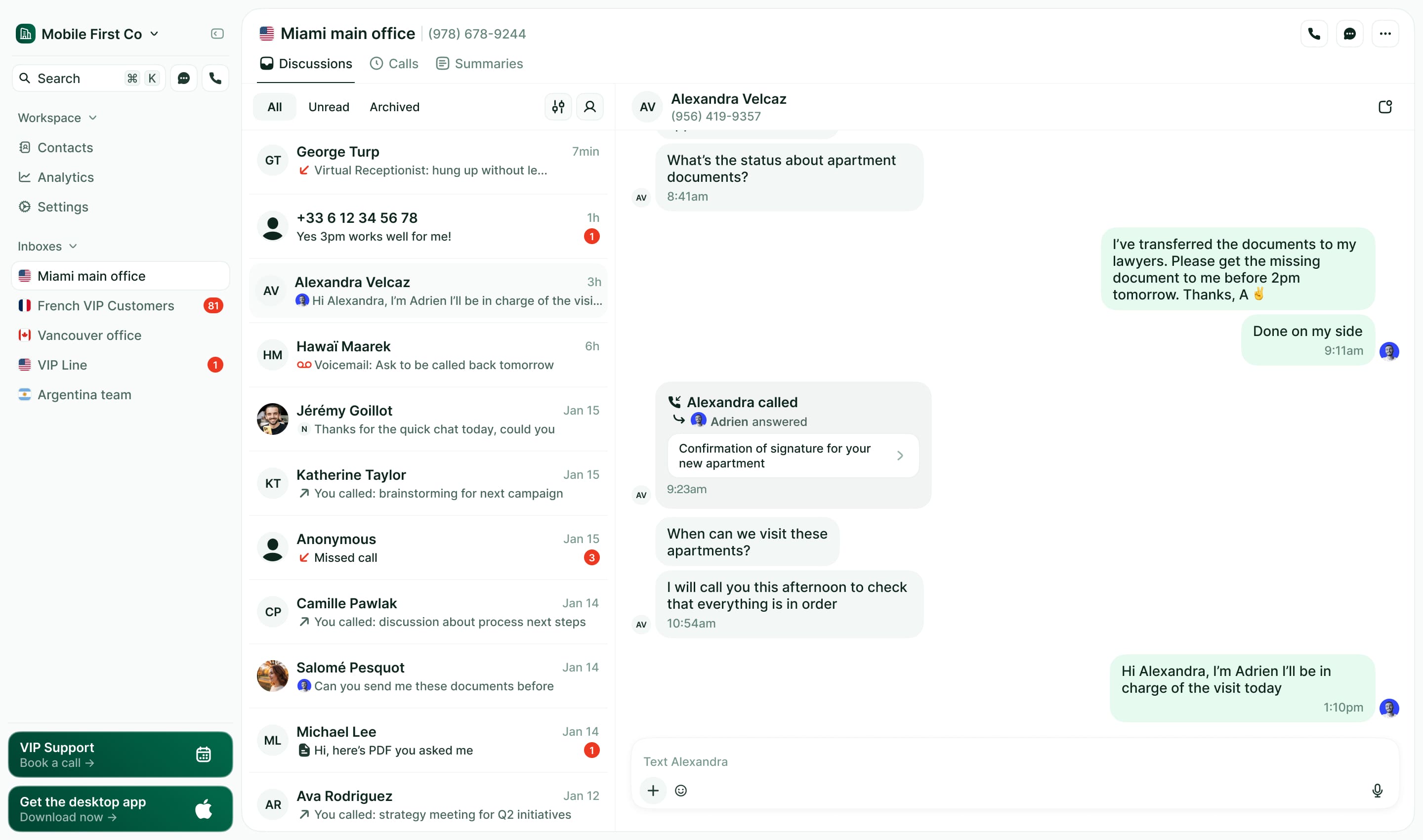 Screenshot of the team inbox in Allo