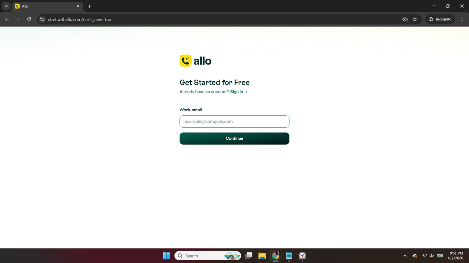 Allo signup email step