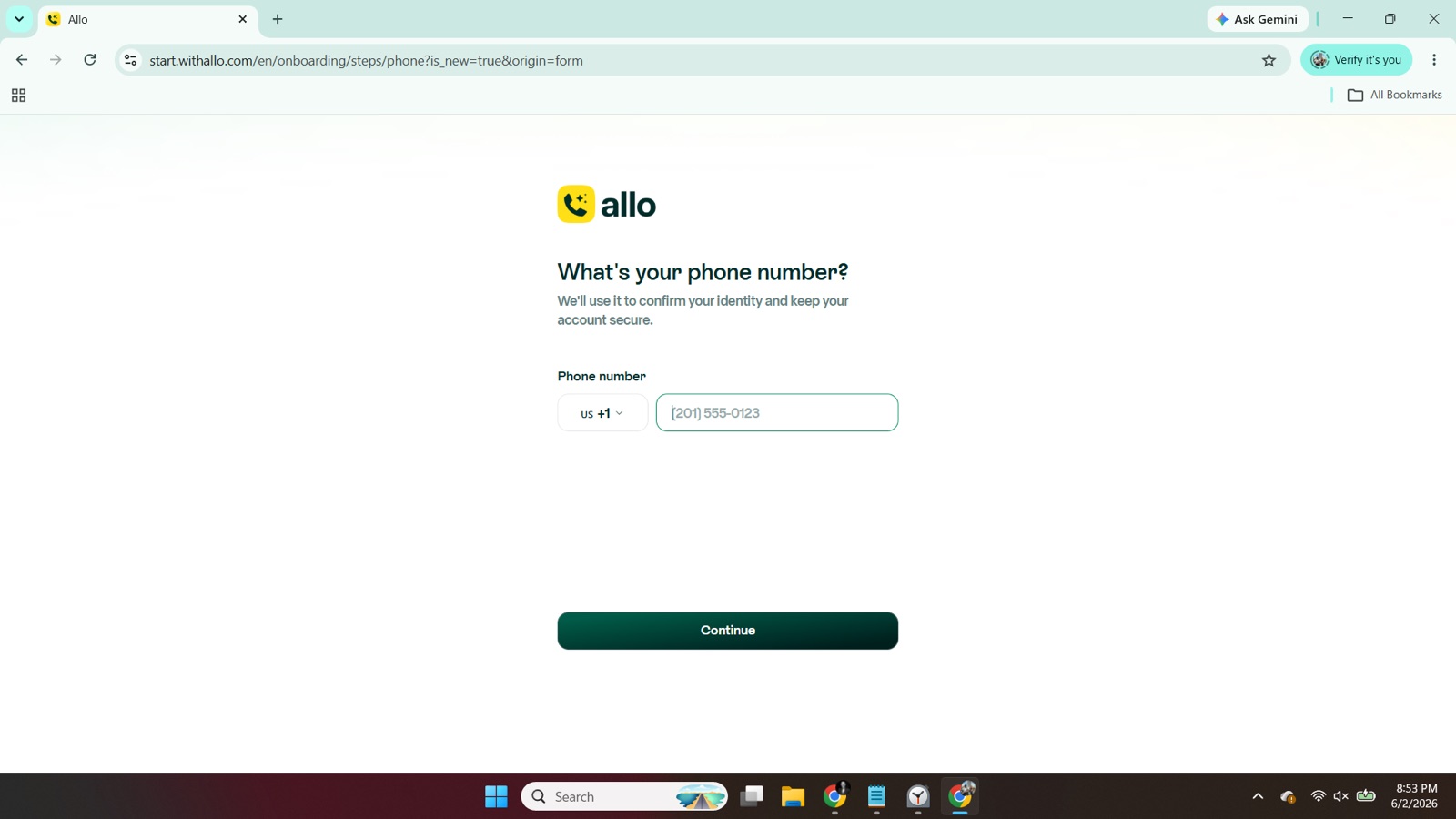 Allo phone number confirmation step