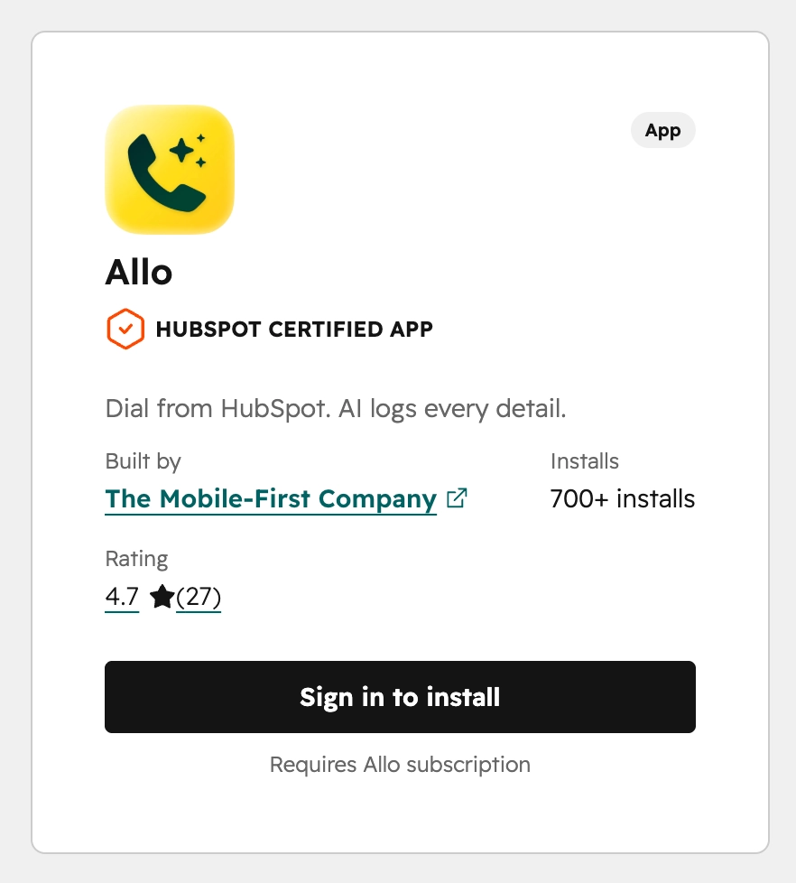 Fiche Allo sur le HubSpot Marketplace