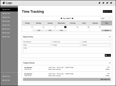 Time Tracking wireframe